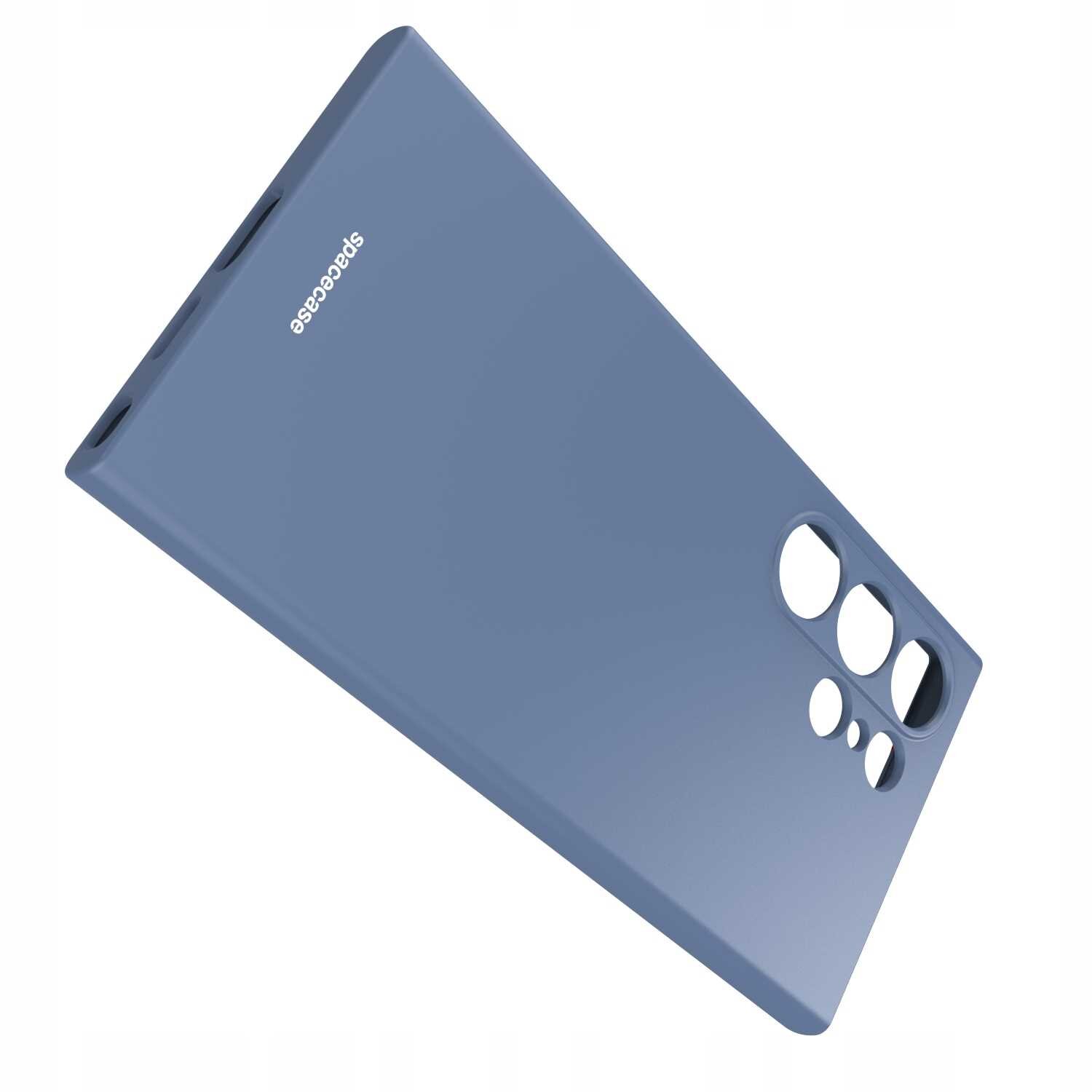 Niebieskie silikonowe etui z wycięciami na aparat i przyciski, z widocznym napisem \'spacecase\'.