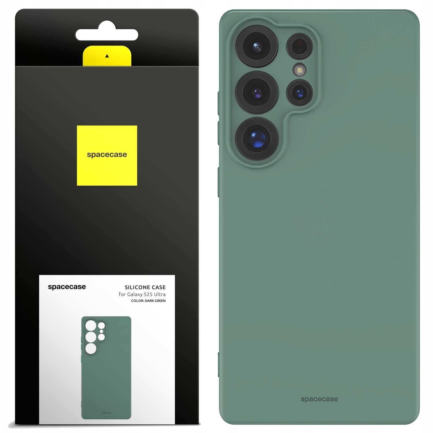 Zielone silikonowe etui na telefon z wycięciami na aparat. Opakowanie z logo \'spacecase\' i napisem \'SILICONE CASE for Galaxy S25 Ultra COLOR: DARK GREEN\'.