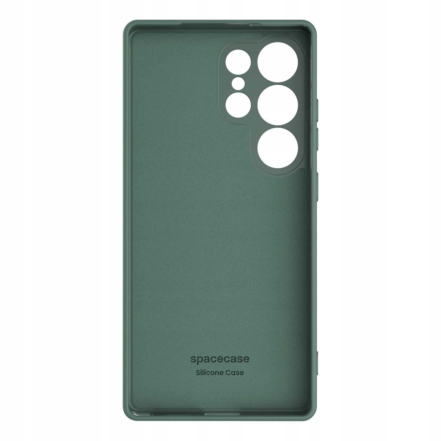 Zielone silikonowe etui z wycięciami na aparat i przyciski, z napisem \'spacecase Silicone Case\' na dole.