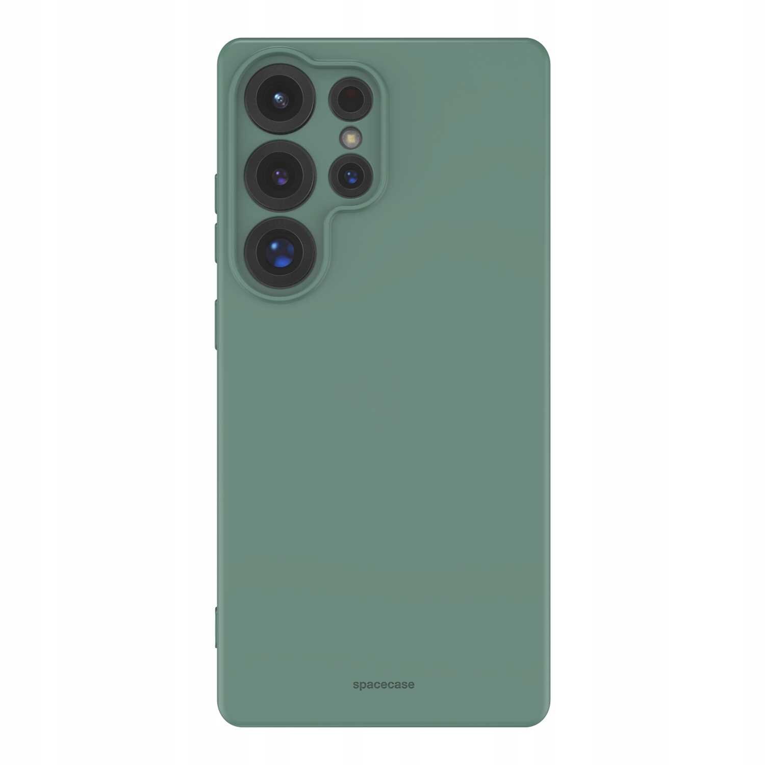 Zielone silikonowe etui z wycięciami na pięć obiektywów aparatu i logo \'spacecase\' na dole. Etui ma gładką powierzchnię i jest przeznaczone do telefonu Galaxy S25 Ultra.