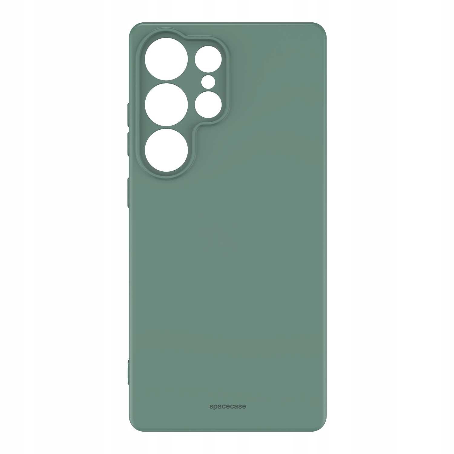 Zielone silikonowe etui z wycięciami na aparat i przyciski. Na dole widoczny jest napis \'spacecase\'.