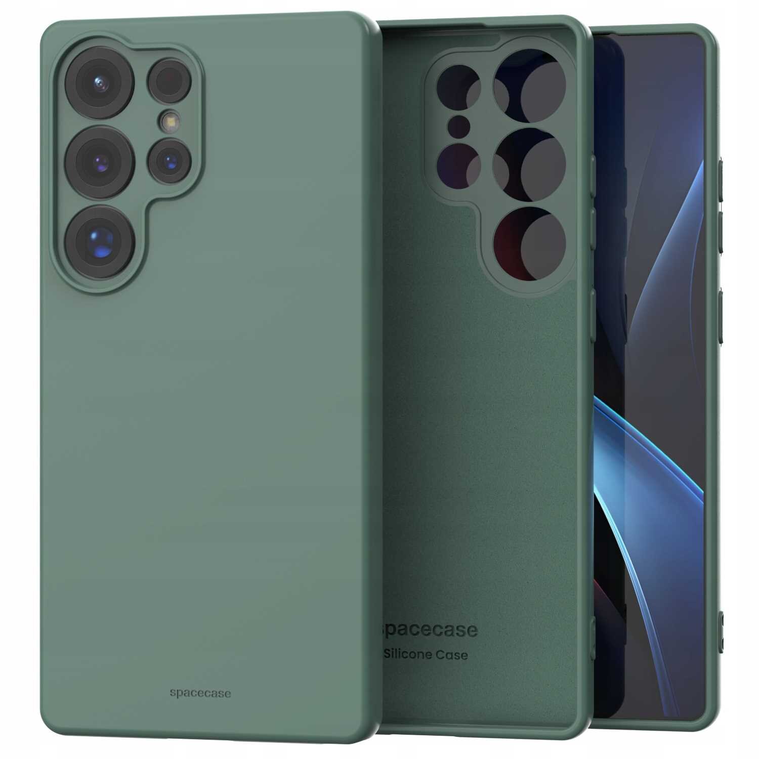Zielone silikonowe etui na telefon z wycięciami na aparat i przyciski. Na etui widoczny jest napis \'spacecase Silicone Case\'.