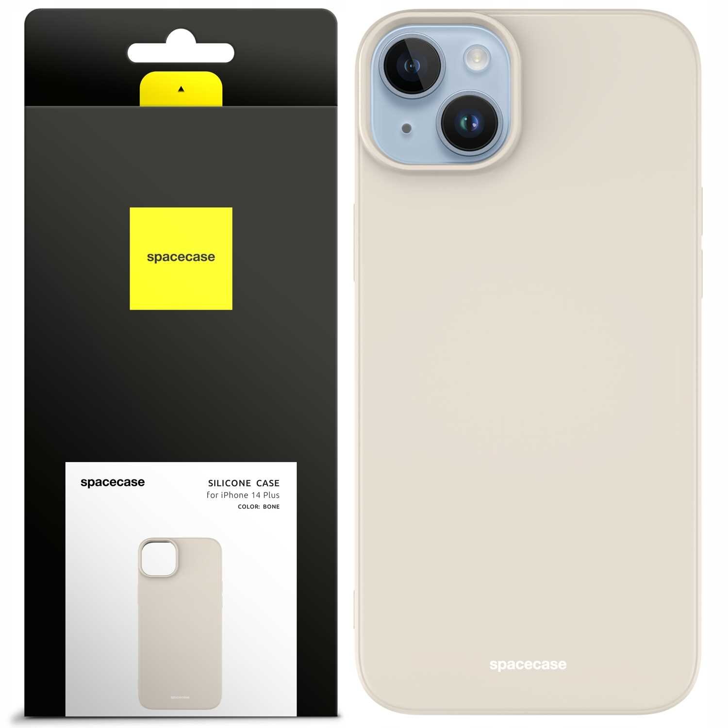 Obraz przedstawia silikonowe etui w kolorze beżowym na iPhone 14 Plus oraz jego opakowanie. Na opakowaniu widnieje logo \'spacecase\' oraz napis \'SILICONE CASE for iPhone 14 Plus COLOR: BONE\'.