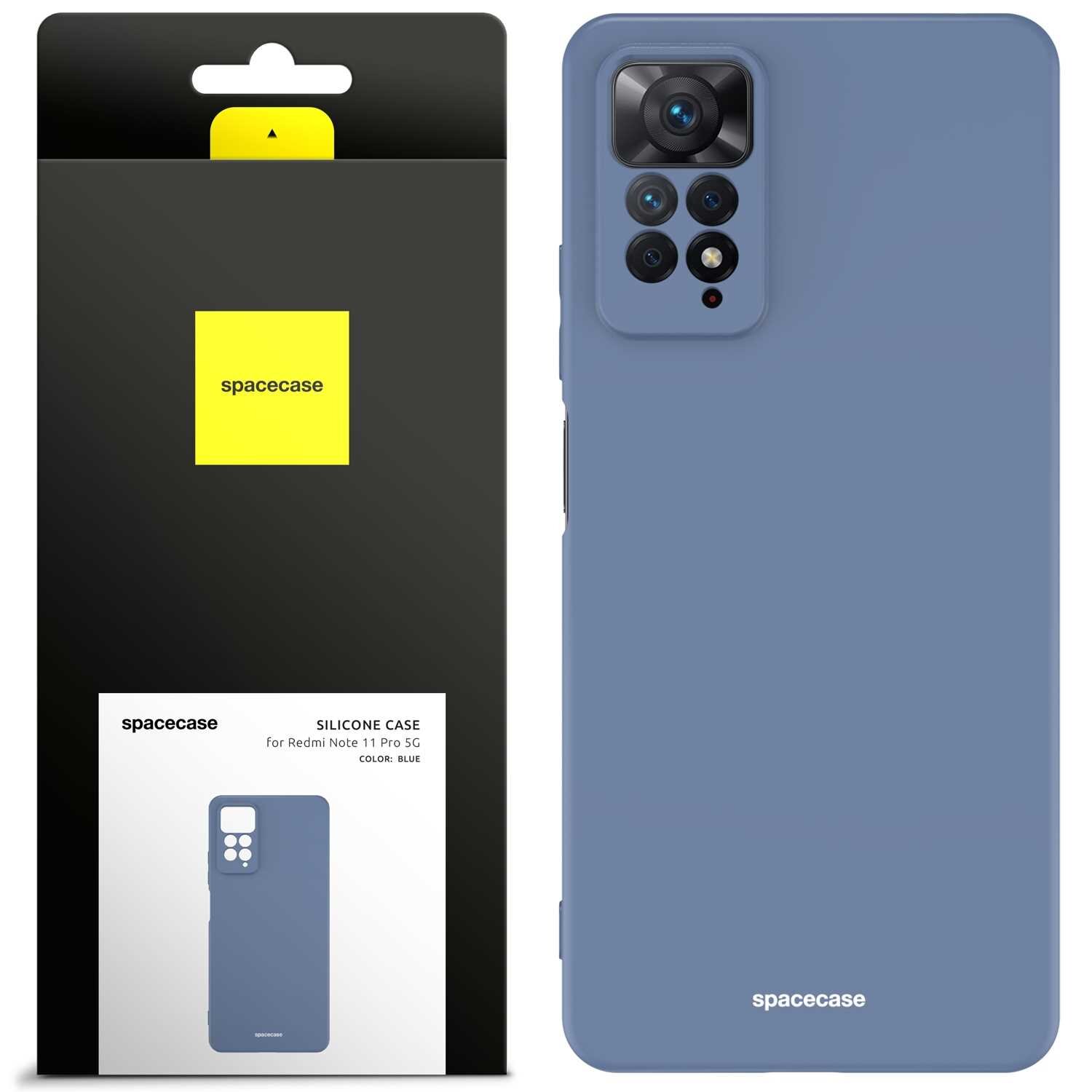 Obraz przedstawia silikonowe etui w kolorze niebieskim oraz opakowanie z logo \'spacecase\'. Na opakowaniu widnieje napis: \'SILICONE CASE for Redmi Note 11 Pro 5G COLOR: BLUE\'.