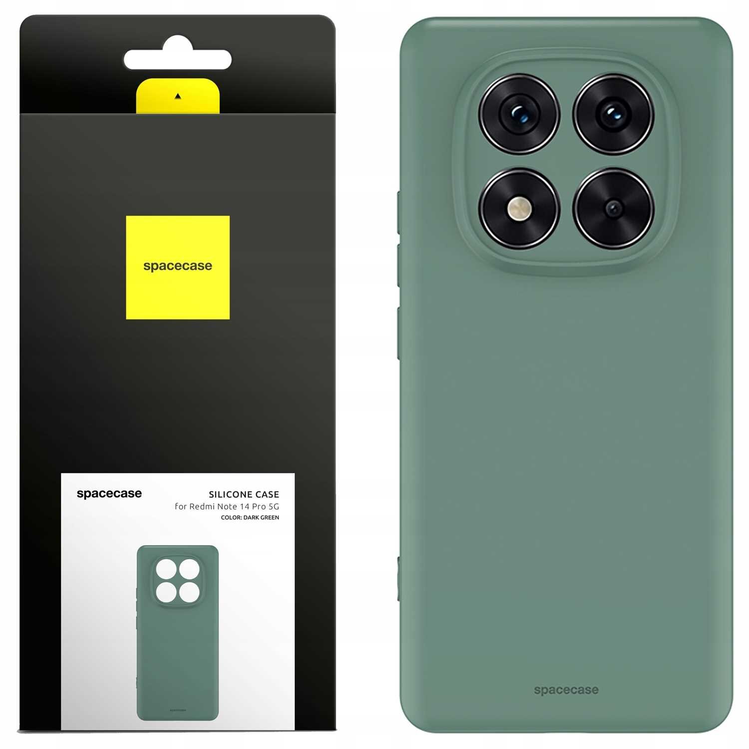 Zielone silikonowe etui na telefon z trzema okrągłymi wycięciami na aparaty. Opakowanie z logo \'spacecase\' i napisem \'SILICONE CASE for Redmi Note 14 Pro 5G COLOR: DARK GREEN\'.