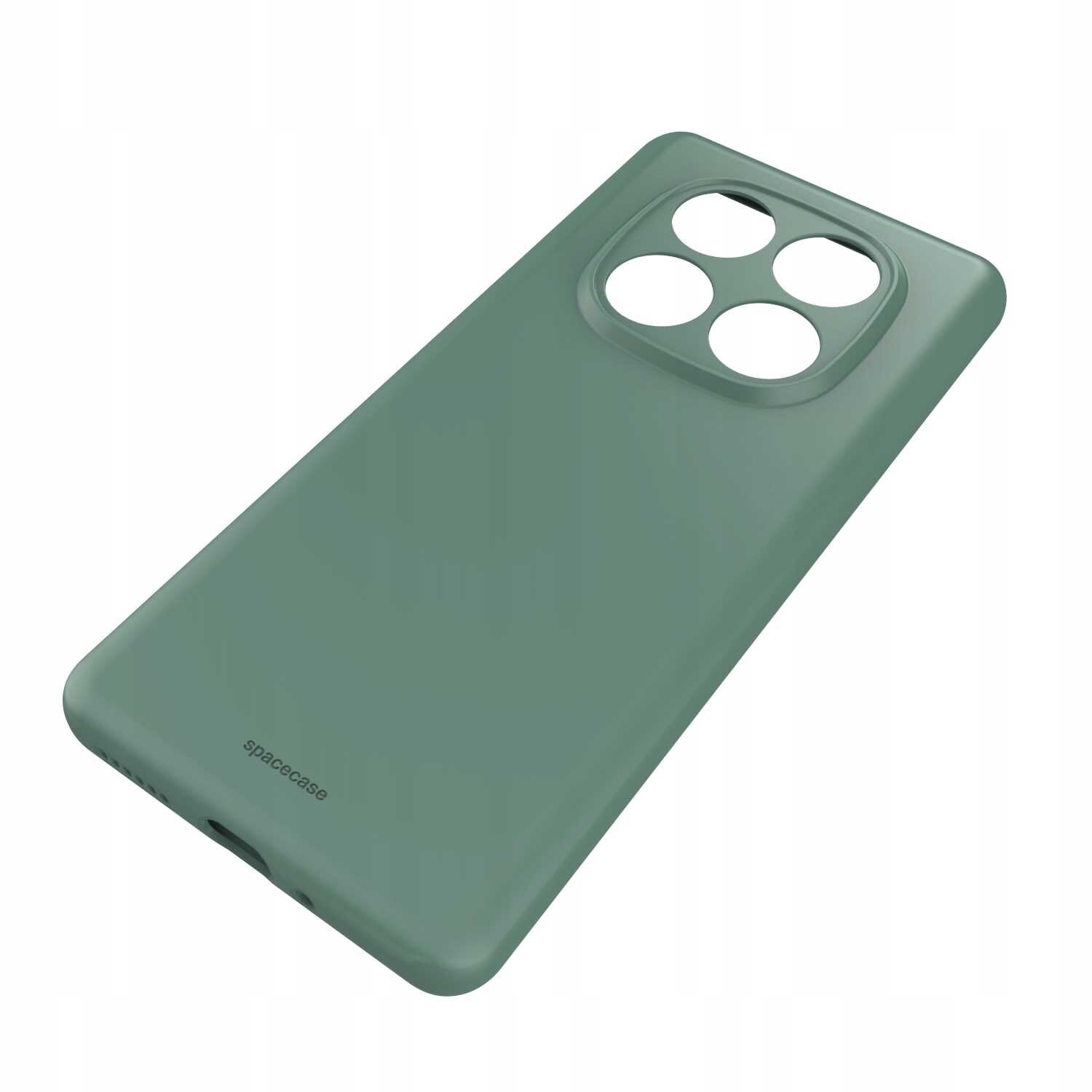 Zielone silikonowe etui z czterema okrągłymi wycięciami na aparat. Na dole widoczny jest napis \'spacecase\'.