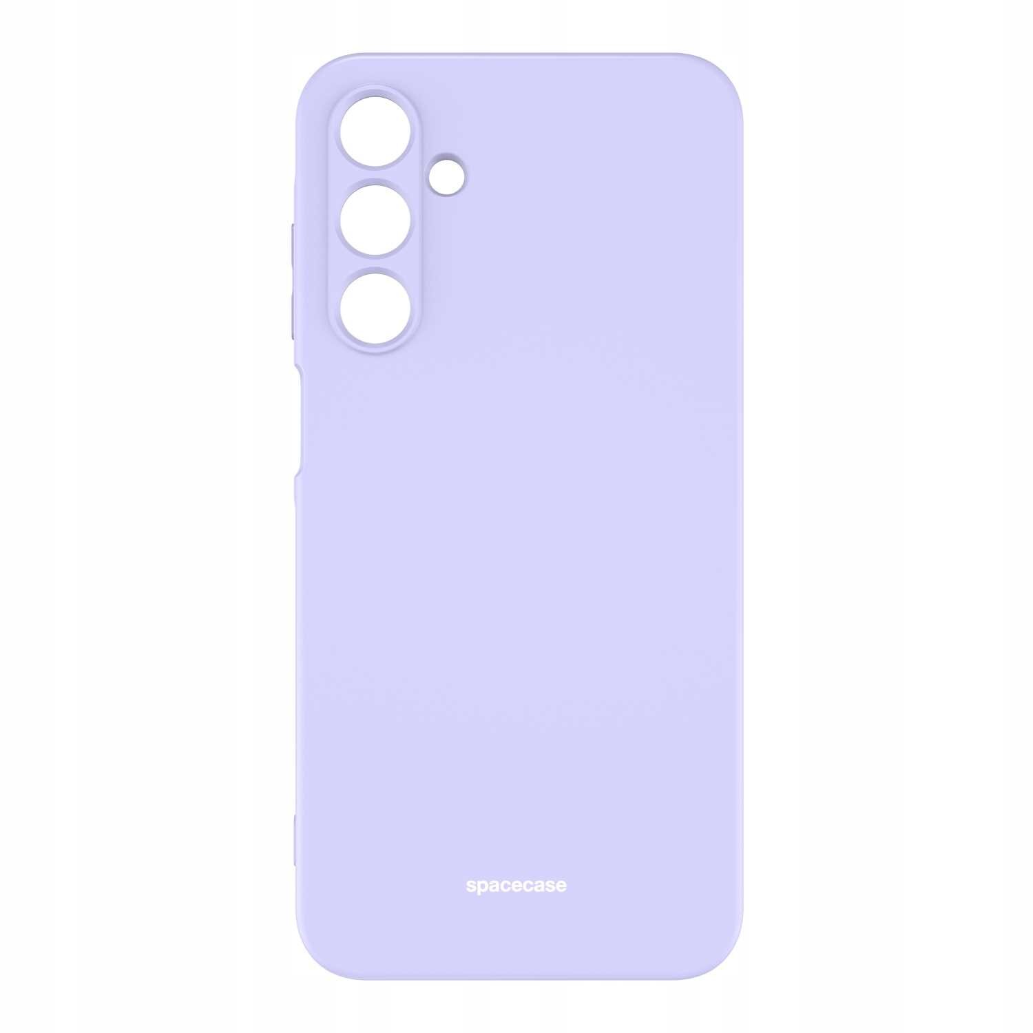 Fioletowe silikonowe etui z trzema otworami na aparat i jednym mniejszym otworem. Na dole widoczny jest napis \'spacecase\'.