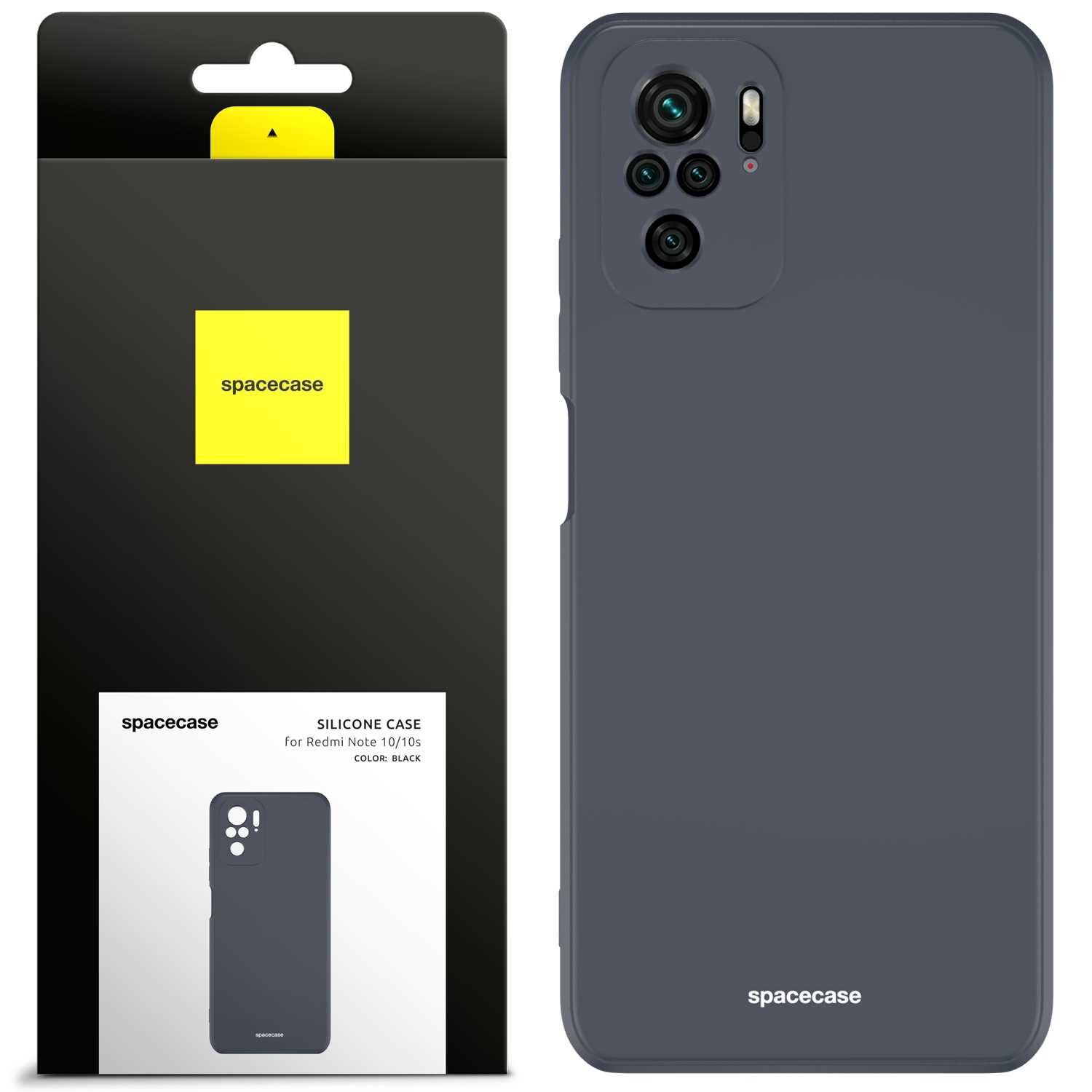 Obraz przedstawia czarne silikonowe etui na telefon z widocznymi wycięciami na aparat. Opakowanie produktu zawiera logo \'spacecase\' oraz napis \'SILICONE CASE for Redmi Note 10/10s COLOR: BLACK\'.