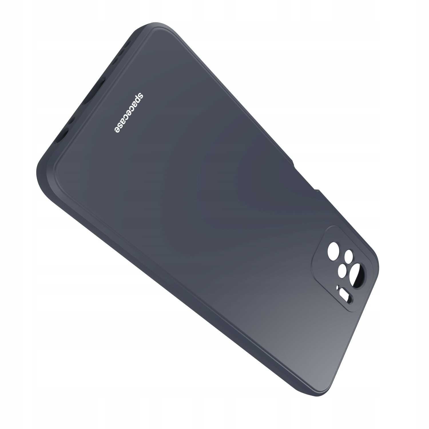 Czarne silikonowe etui z wycięciami na aparat i logo \'SPACECASE\' na powierzchni. Etui jest przeznaczone do telefonu Xiaomi Mi Note 10/10s.