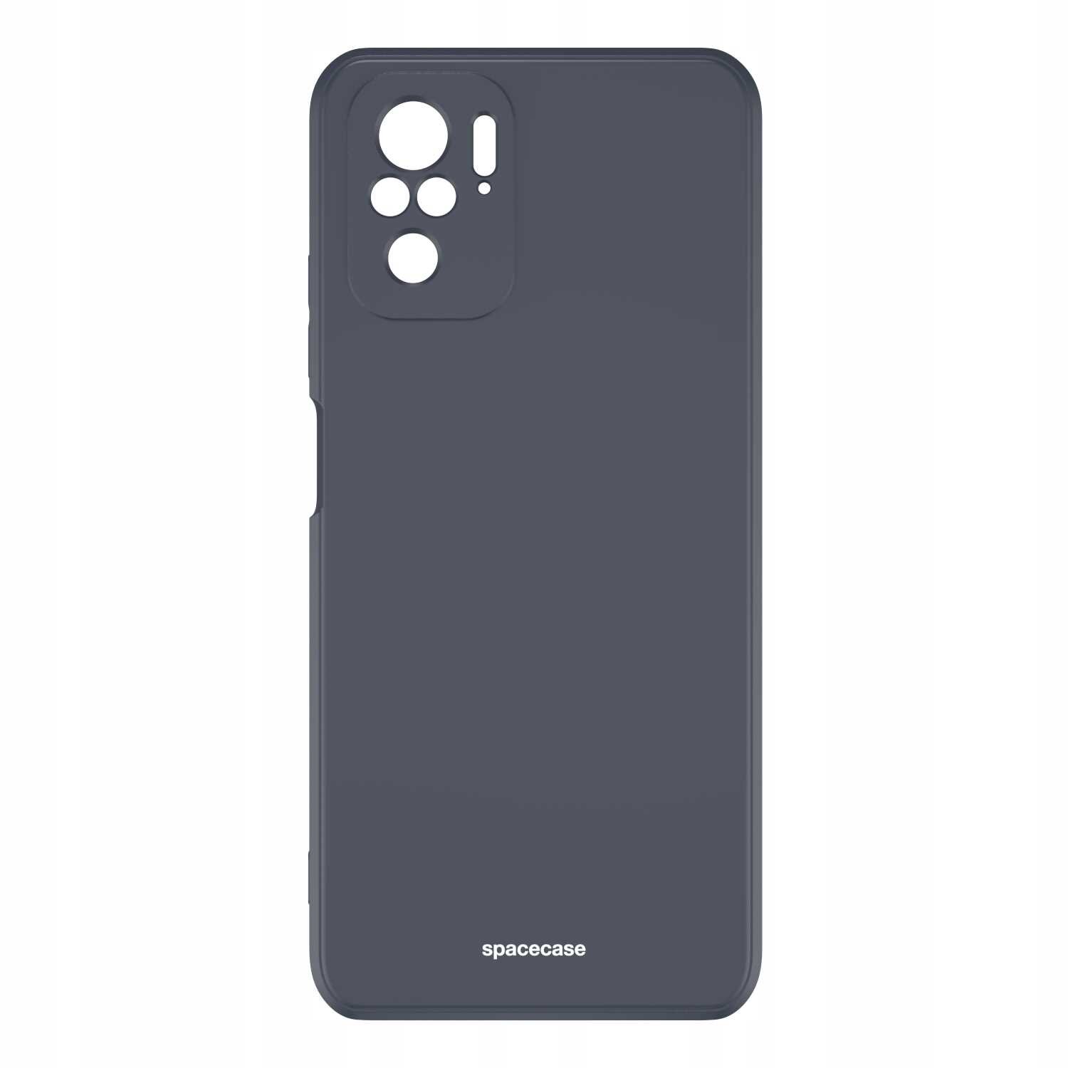 Czarne silikonowe etui z wycięciami na aparat i logo \'spacecase\' na dole.