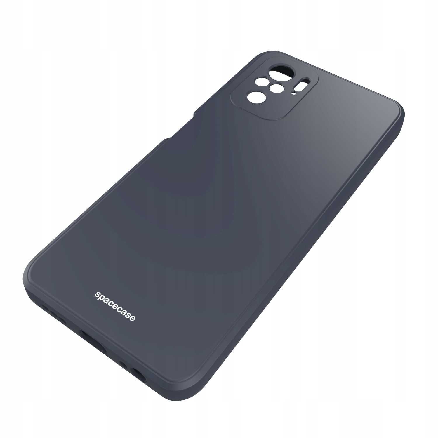 Czarne silikonowe etui z wycięciami na aparat i logo \'spacecase\' na dole. Etui jest przeznaczone do telefonu Xiaomi Mi Note 10/10s.