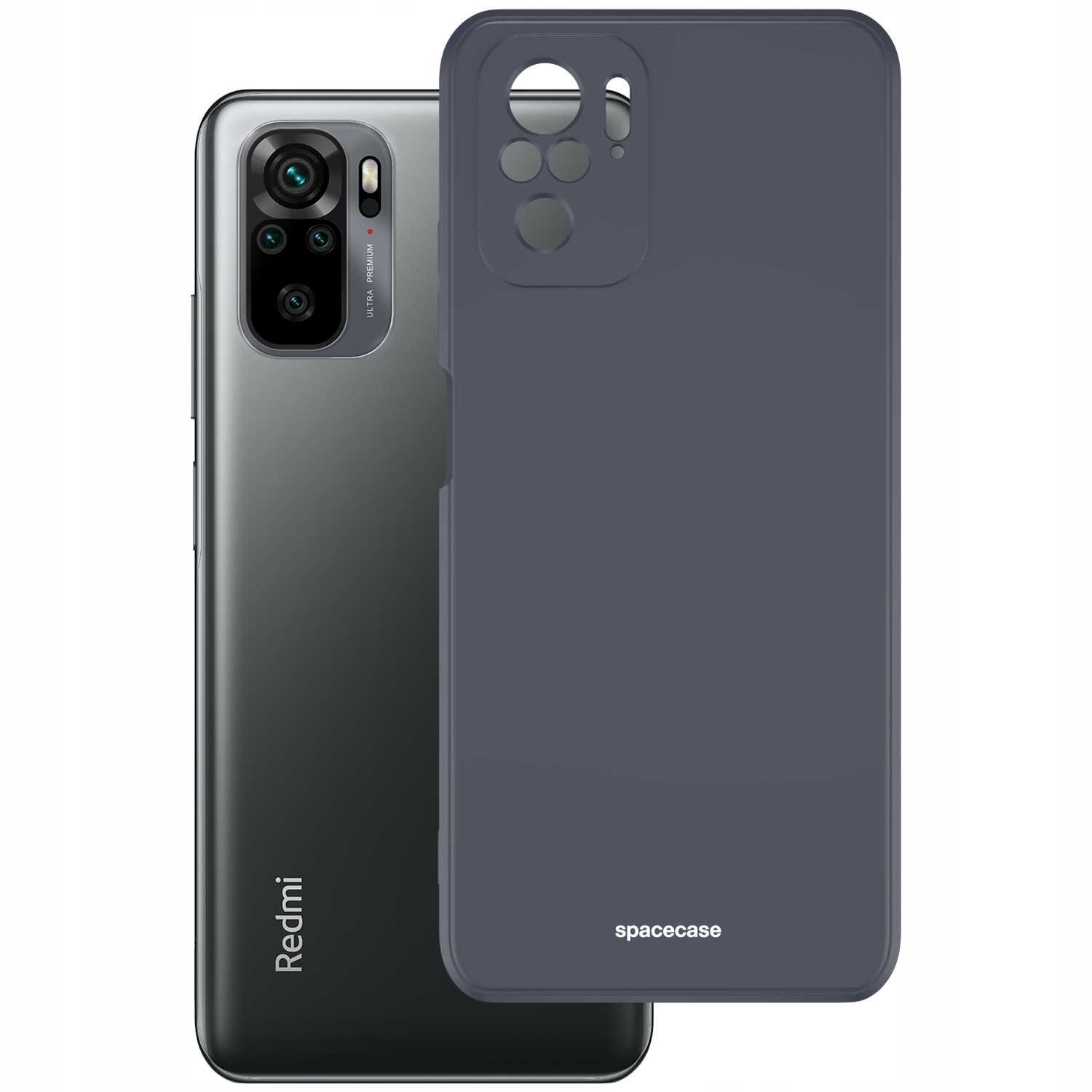 Na obrazie widoczny jest czarny silikonowy case marki spacecase, przeznaczony do telefonu Xiaomi Mi Note 10/10s. Obok znajduje się telefon z widocznym logo Redmi i kilkoma obiektywami aparatu.