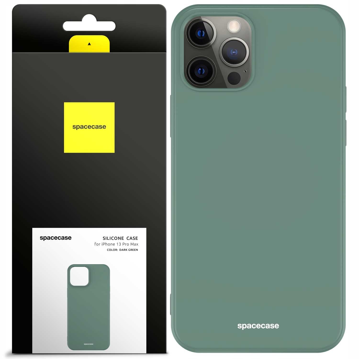Obraz przedstawia zielone silikonowe etui na iPhone 13 Pro Max oraz jego opakowanie. Na opakowaniu widnieje napis \'spacecase\' oraz informacja o kolorze: \'COLOR: DARK GREEN\'.