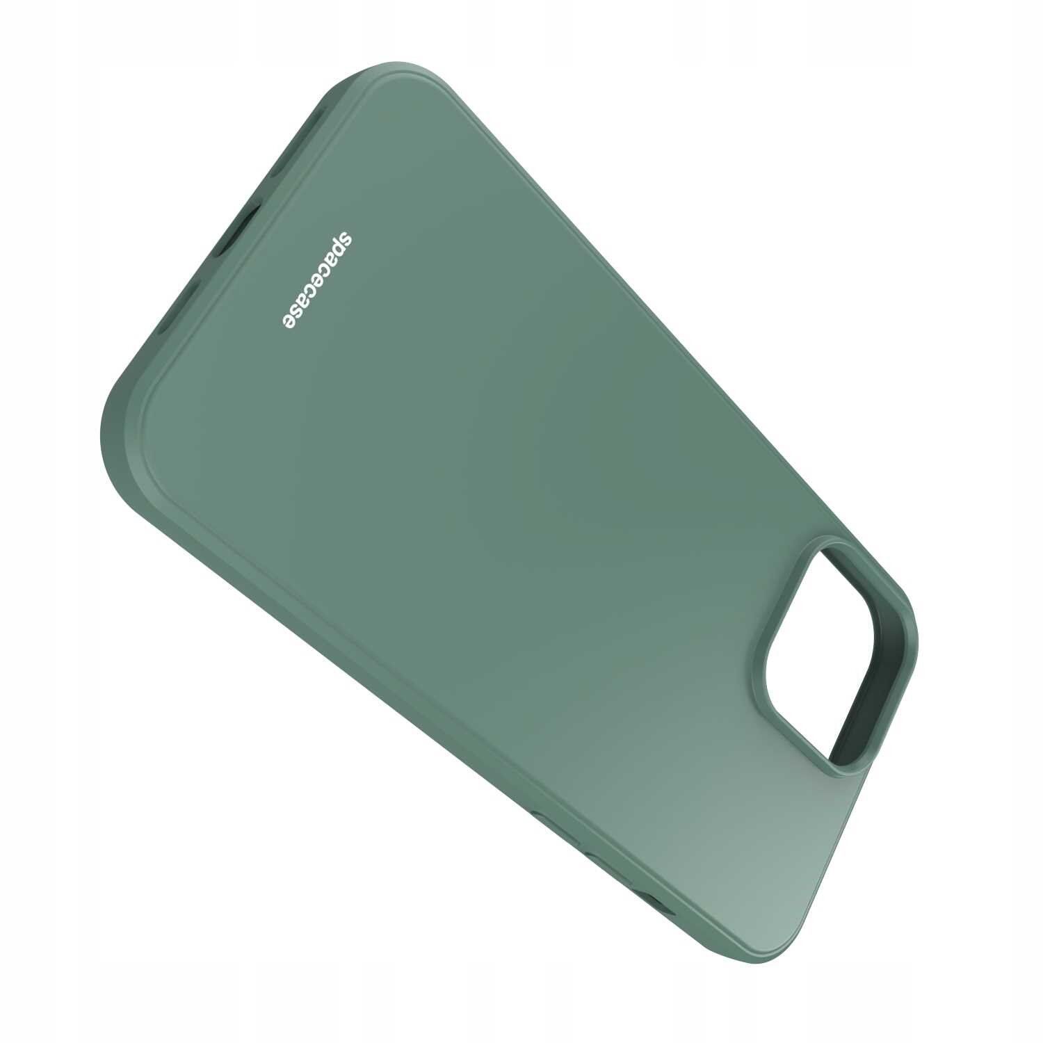 Zielone silikonowe etui z wycięciem na aparat, z widocznym logo \'spacecase\'.