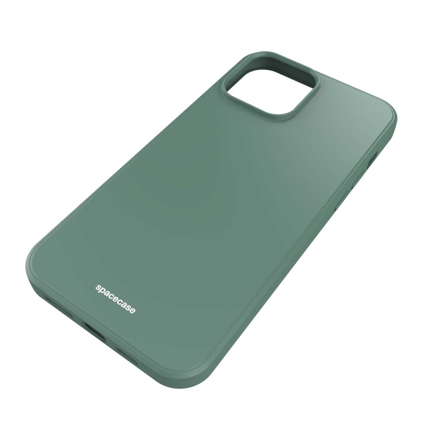 Zielone silikonowe etui na telefon z wycięciem na aparat i logo \'spacecase\' na dole.