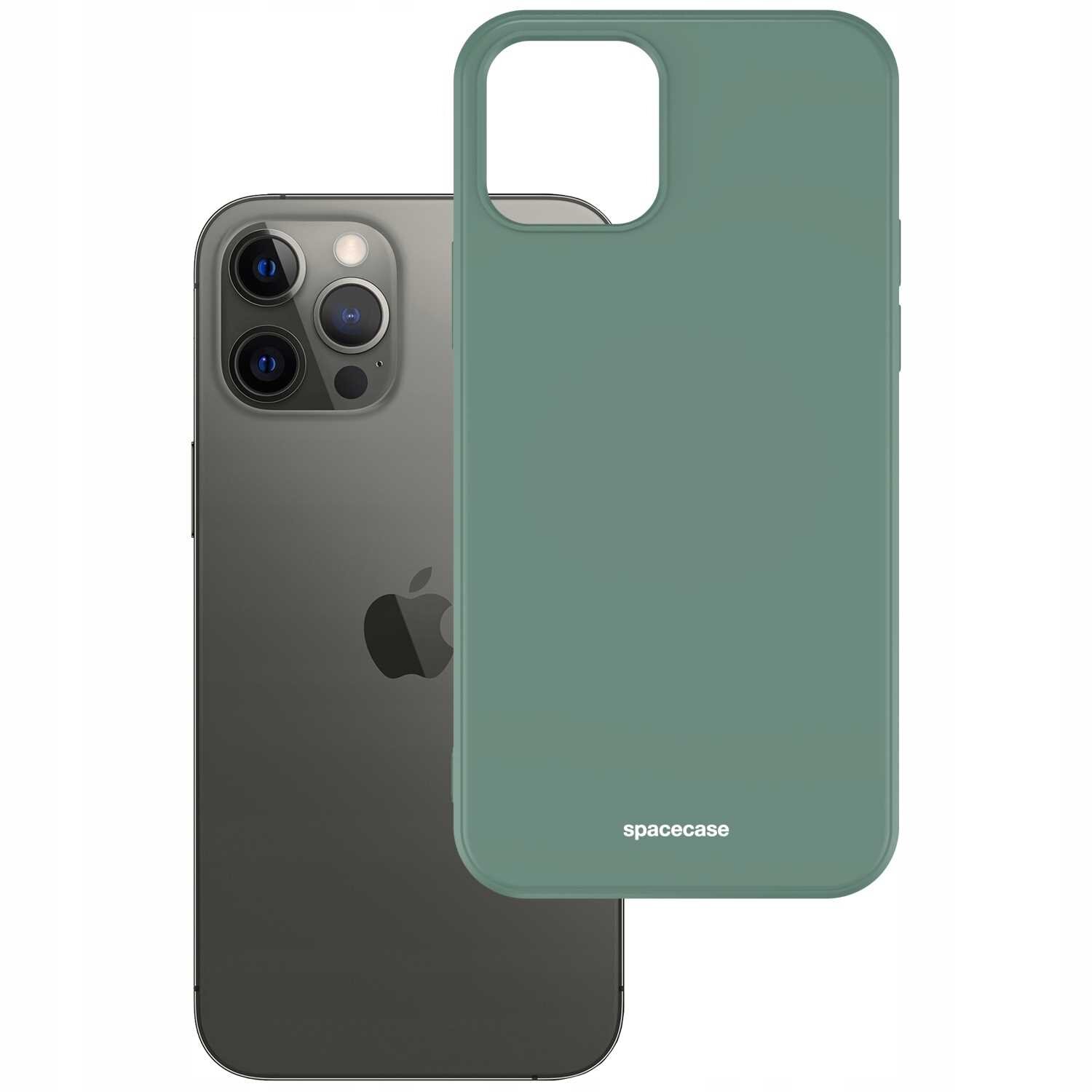 Na obrazie widoczny jest zielony silikonowy case z napisem \'spacecase\', obok którego znajduje się telefon z trzema obiektywami aparatu i logo w kształcie jabłka.