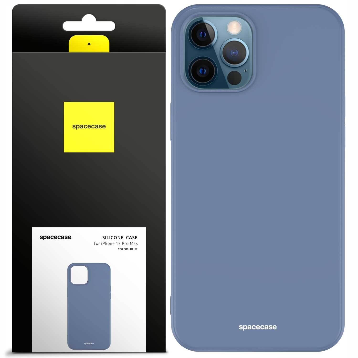 Obraz przedstawia silikonowe etui w kolorze niebieskim na telefon iPhone 12 Pro Max. Opakowanie ma czarną i żółtą kolorystykę z logo \'spacecase\'.