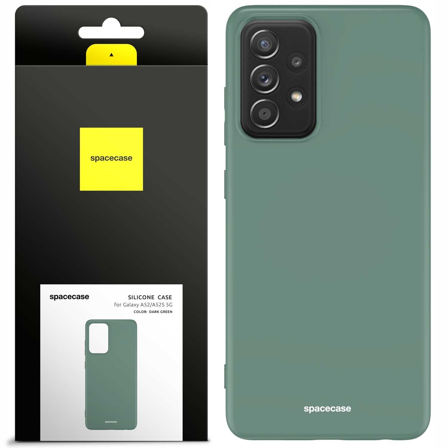 Obraz przedstawia zielone silikonowe etui na telefon z widocznym wycięciem na aparat. Opakowanie produktu zawiera logo \'spacecase\' oraz napis \'SILICONE CASE for Galaxy A52/A52S 5G COLOR: DARK GREEN\'.