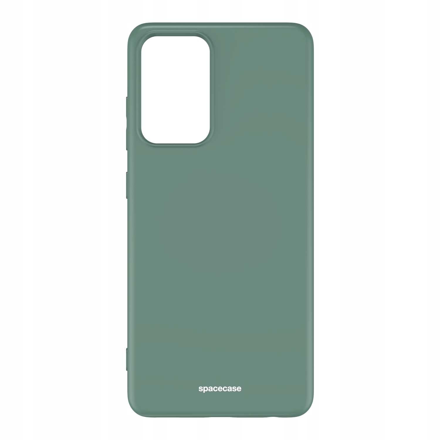 Zielone silikonowe etui z wycięciem na aparat, z napisem \'spacecase\' na dole.