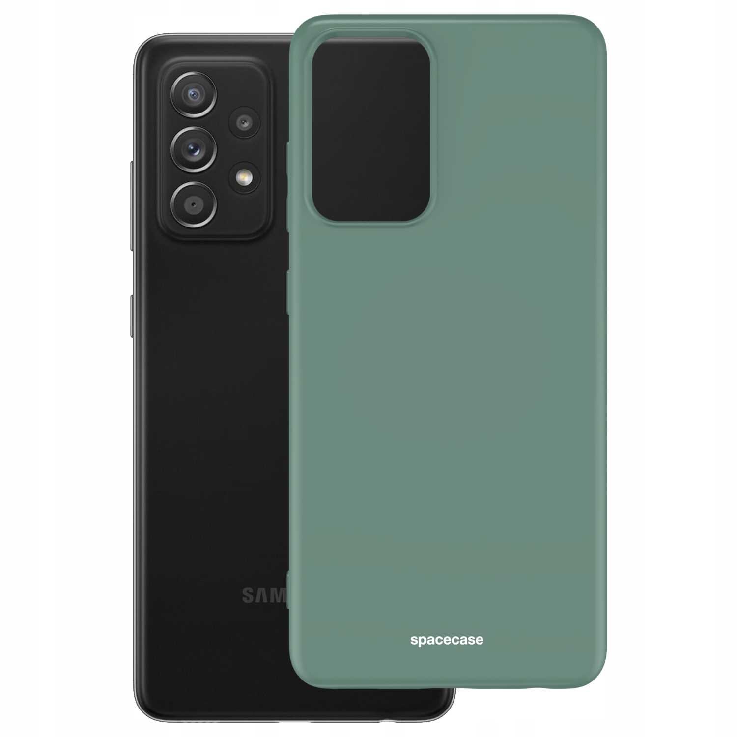 Obraz przedstawia zielone silikonowe etui na telefon z napisem \'spacecase\'. W tle widoczny jest czarny telefon z czterema obiektywami aparatu.