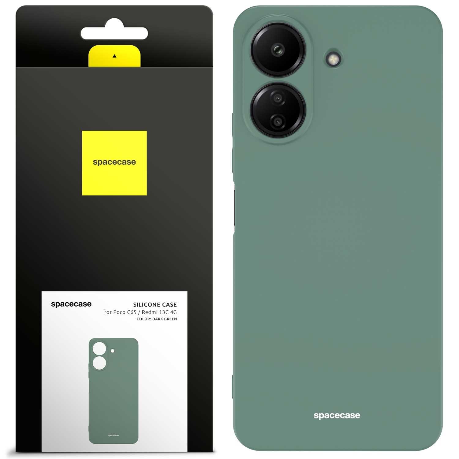 Zielone silikonowe etui na telefon z dwoma otworami na aparat i logo \'spacecase\'. Opakowanie zawiera napis: \'spacecase SILICONE CASE for Poco C65 / Redmi 13C 4G COLOR: DARK GREEN\'.