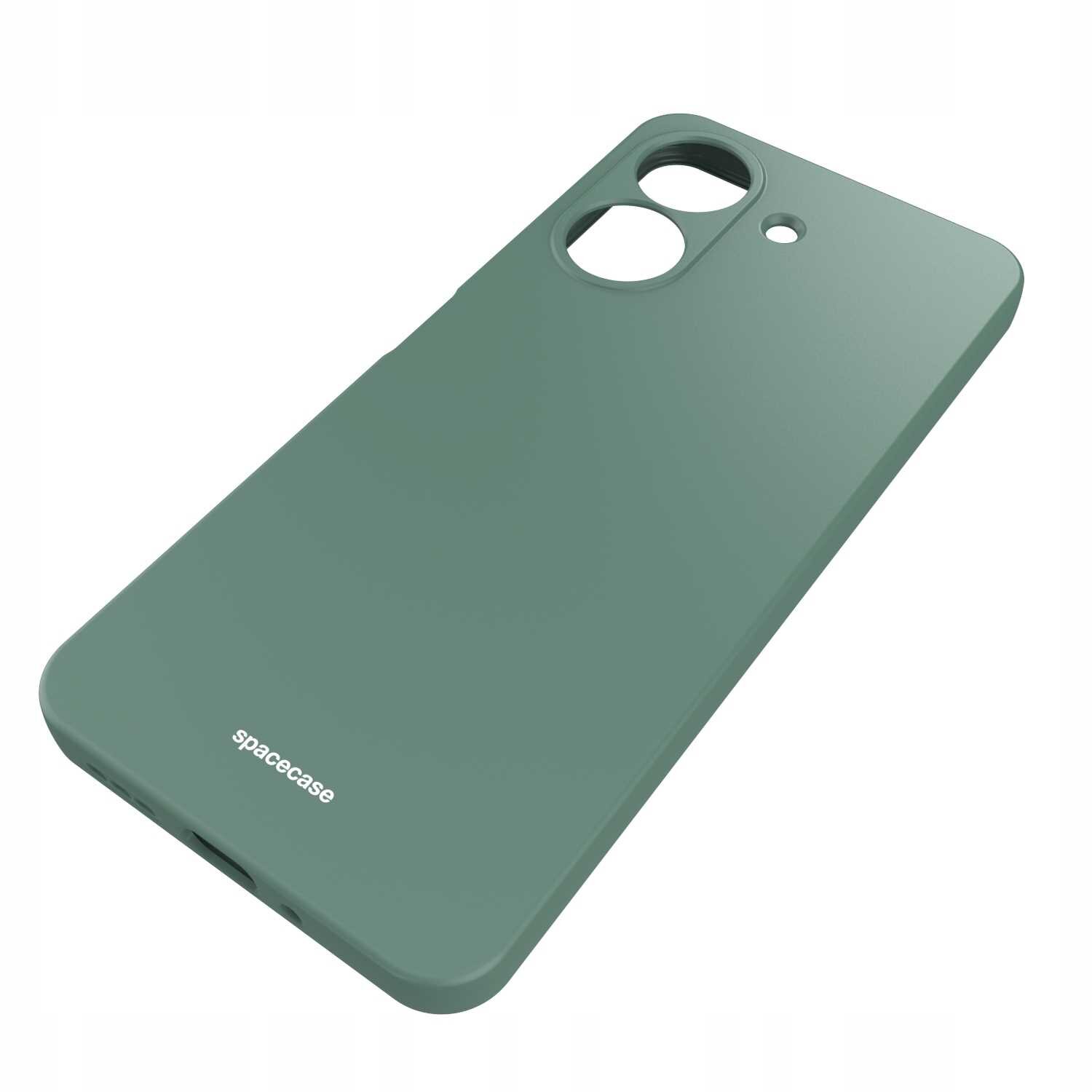 Zielone silikonowe etui z wycięciami na aparat i logo \'spacecase\' na dole.