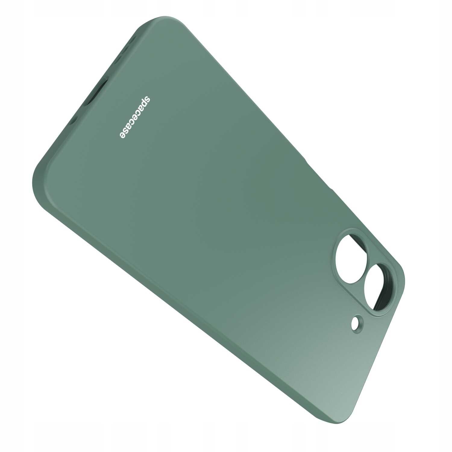 Zielone silikonowe etui z wycięciami na aparat i logo \'spacecase\'.