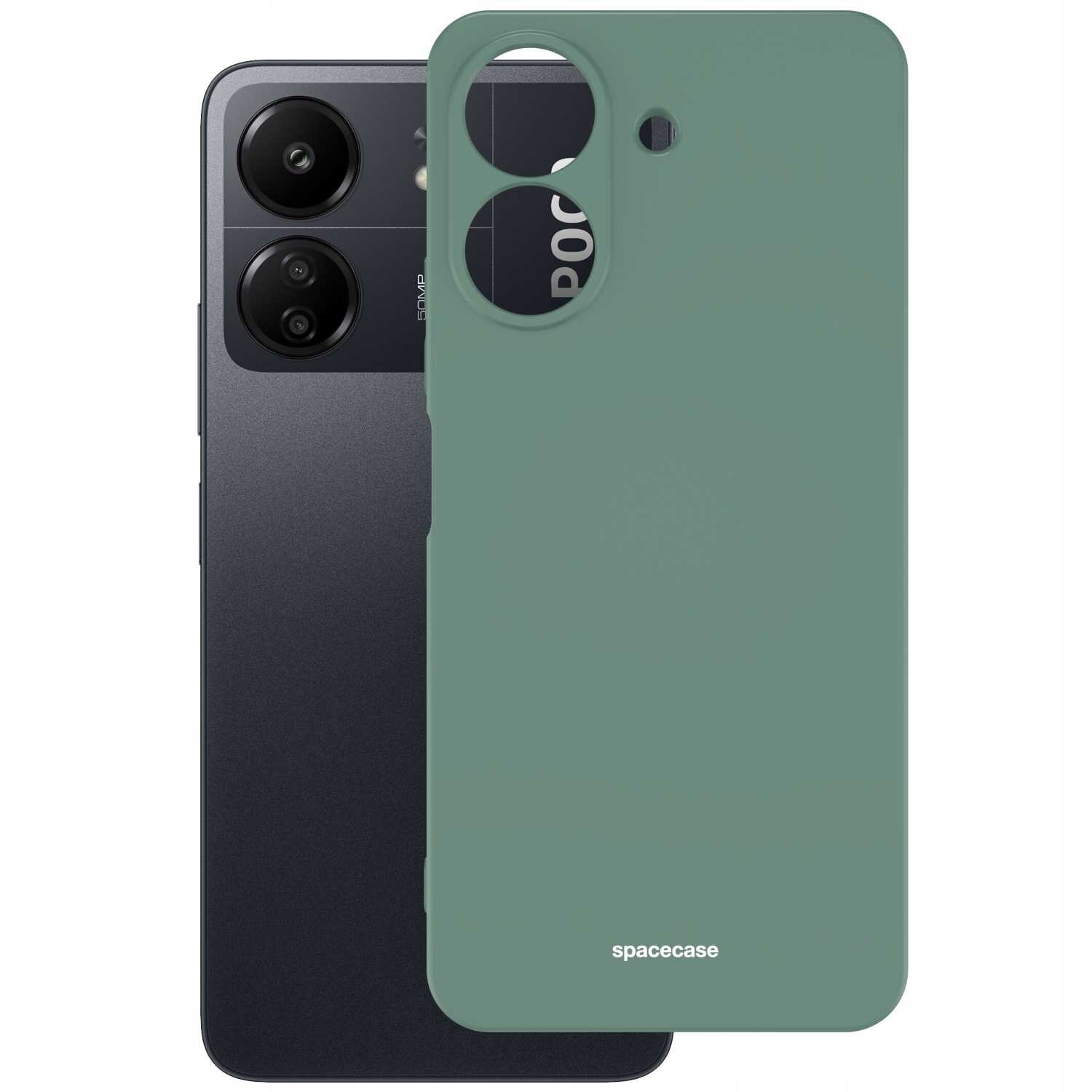 Na obrazie widoczne jest zielone silikonowe etui z wycięciami na aparat i logo \'spacecase\'. W tle znajduje się ciemny telefon z trzema obiektywami aparatu i napisem \'POCO\'.