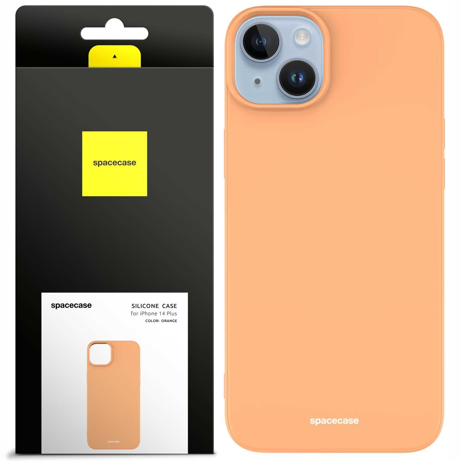 Obraz przedstawia pomarańczowe silikonowe etui na telefon z napisem \'spacecase\'. Obok znajduje się opakowanie z logo \'spacecase\' i informacją \'SILICONE CASE for iPhone 14 Plus COLOR: ORANGE\'.