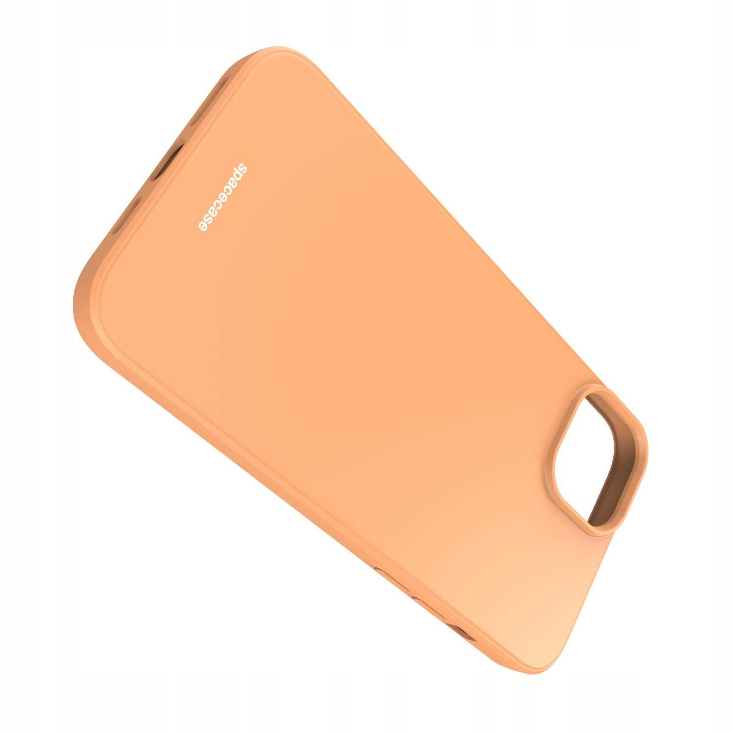Pomarańczowe silikonowe etui z wycięciem na aparat, z widocznym logo \'spacecase\'.