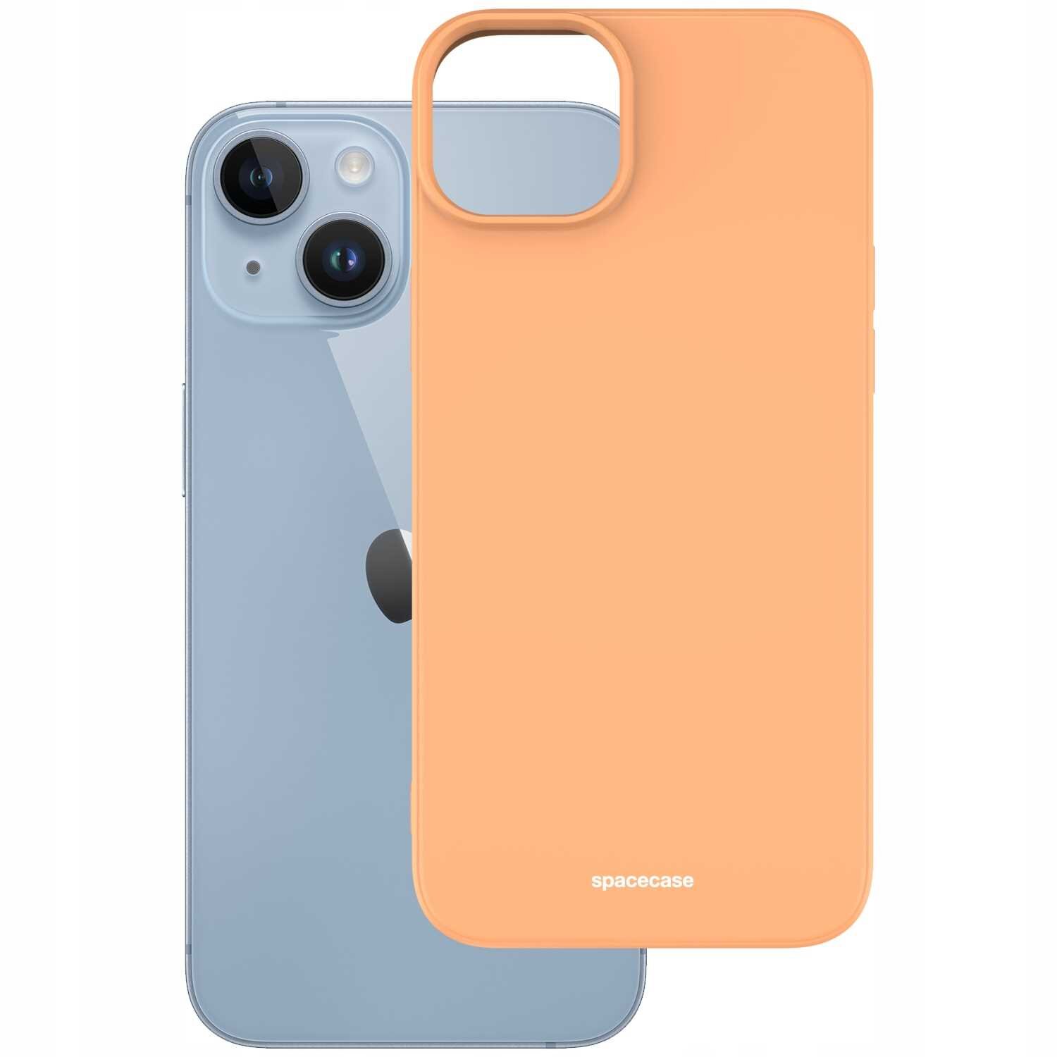 Na obrazie widoczny jest pomarańczowy silikonowy futerał na telefon z napisem \'spacecase\', obok którego znajduje się telefon z dwoma aparatami fotograficznymi.