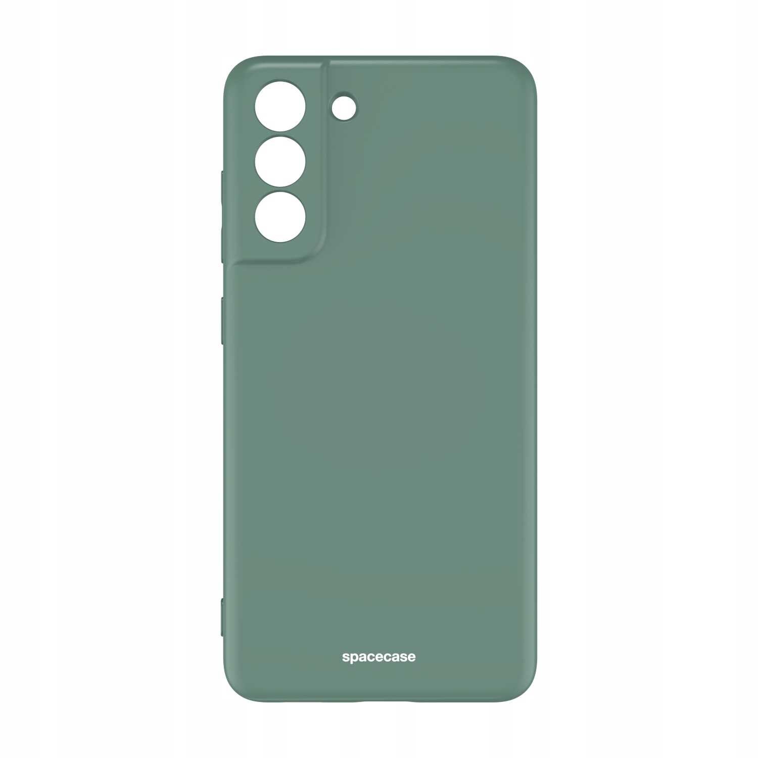 Zielone silikonowe etui z trzema otworami na aparat i jednym mniejszym otworem. Na dole widoczny jest napis \'spacecase\'.