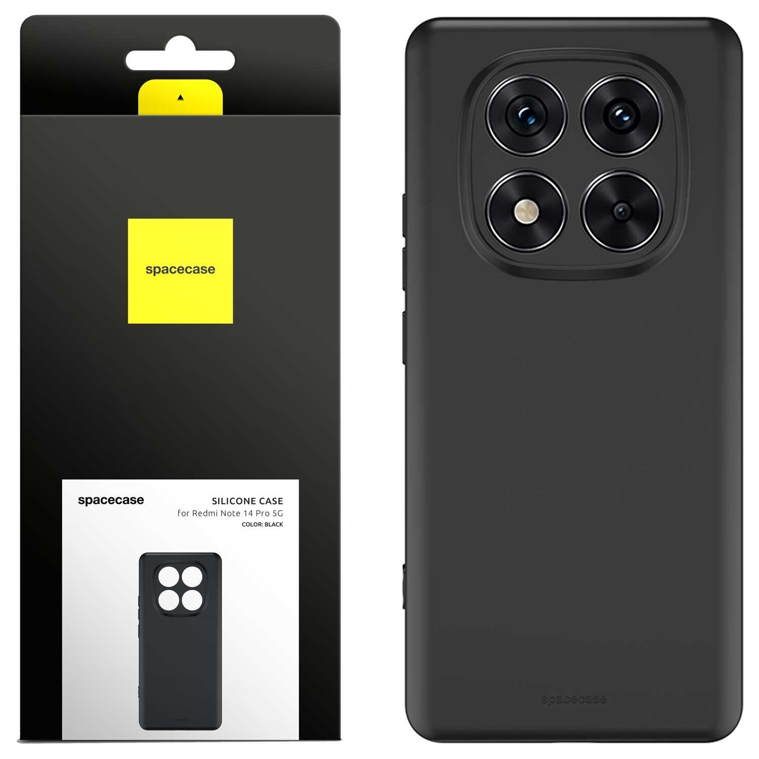 Obraz przedstawia czarne silikonowe etui z czterema okrągłymi wycięciami na aparat. Na opakowaniu widnieje napis \'spacecase SILICONE CASE for Redmi Note 14 Pro 5G COLOR: BLACK\'.