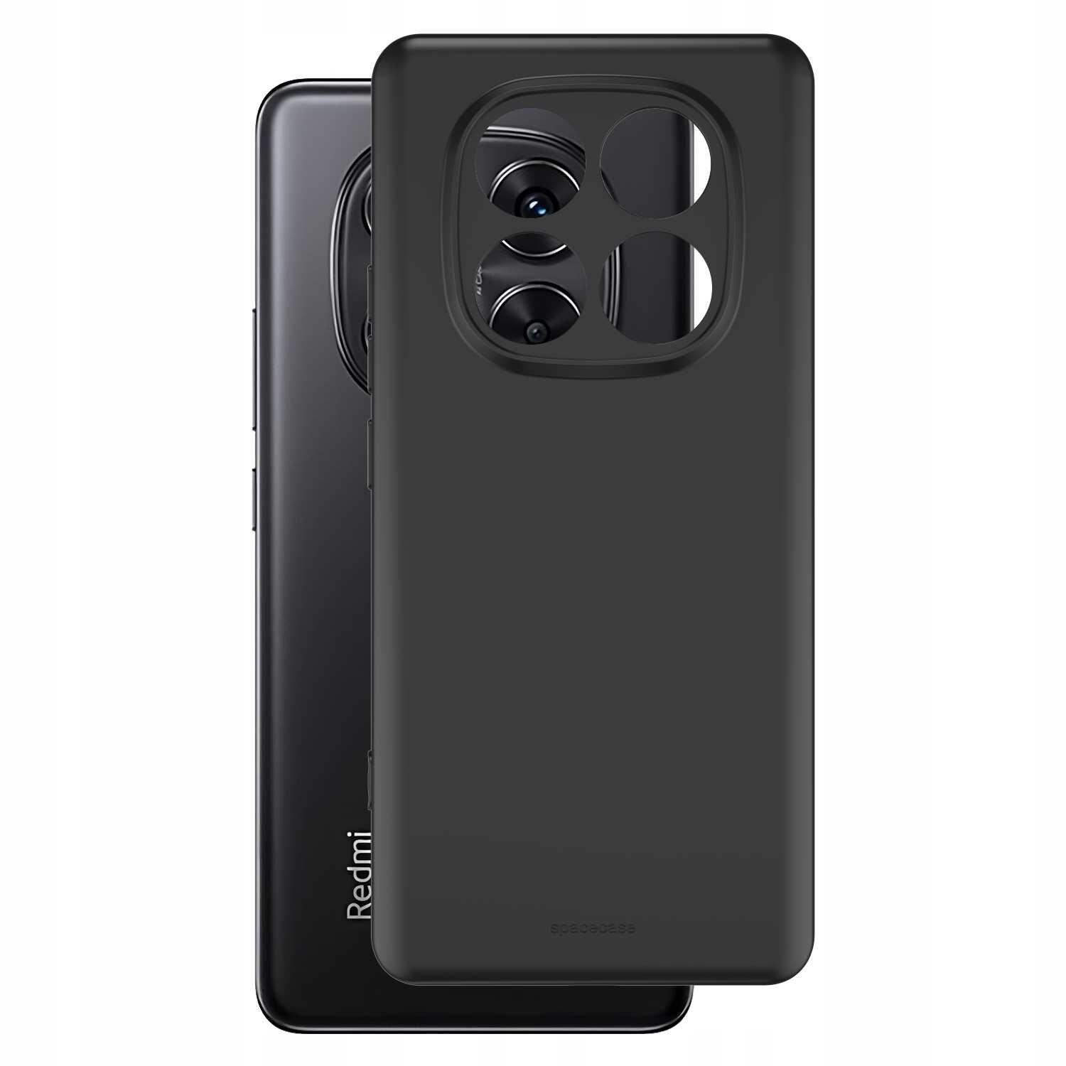 Czarne silikonowe etui z dużym wycięciem na aparat, umieszczone przed smartfonem z widocznym napisem \'Redmi\'.