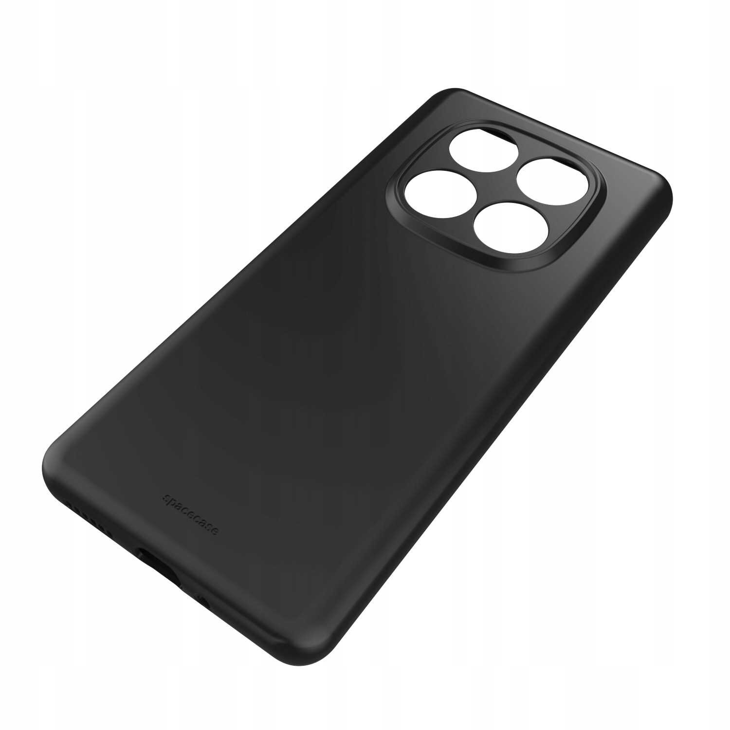 Czarne silikonowe etui z czterema okrągłymi wycięciami na aparat. Na etui widoczny jest napis \'spacecase\'.