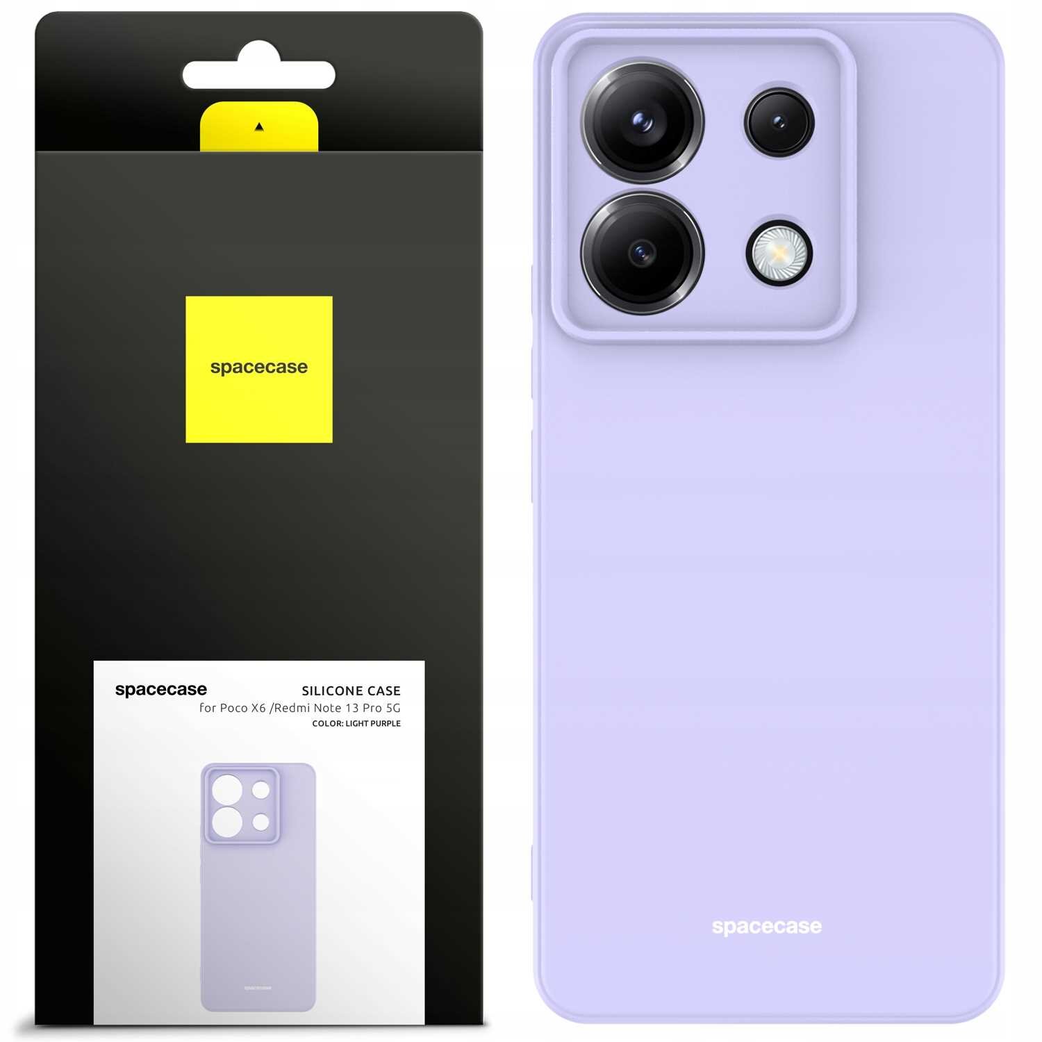 Obraz przedstawia fioletowe silikonowe etui na telefon z trzema otworami na aparaty. Obok znajduje się opakowanie z logo \'spacecase\' i napisem \'SILICONE CASE for Poco X6 / Redmi Note 13 Pro 5G COLOR: LIGHT PURPLE\'.