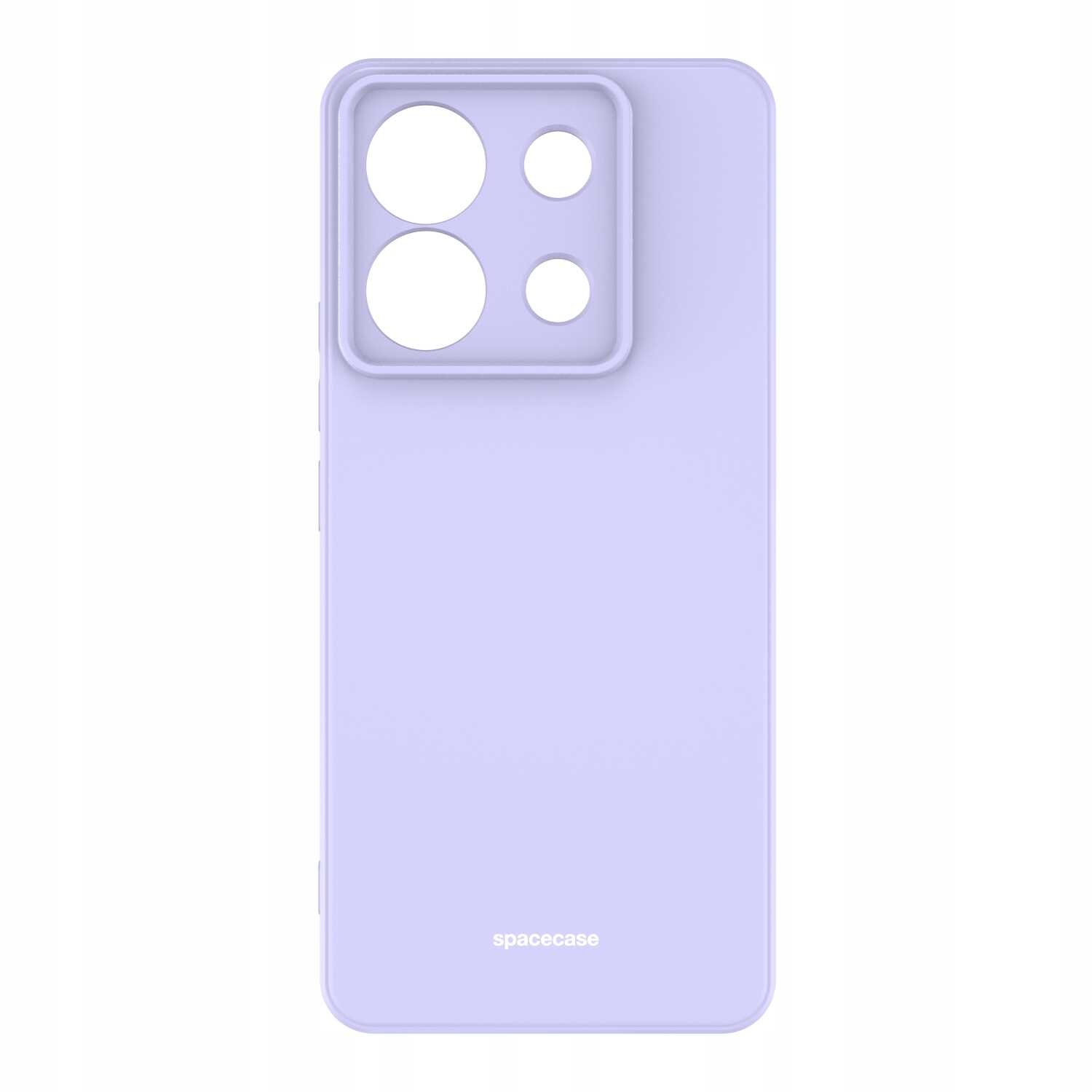 Fioletowe silikonowe etui z wycięciami na aparat i logo \'spacecase\' na dole.