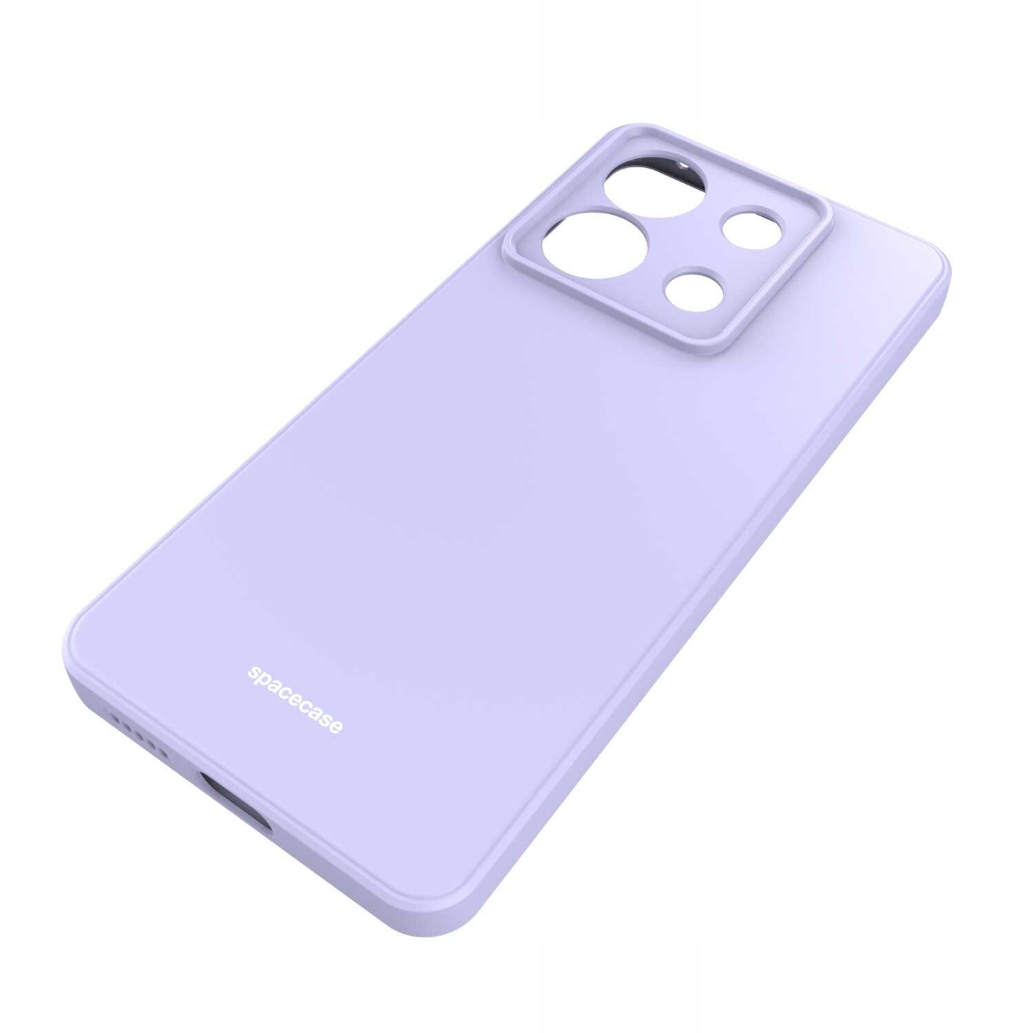 Fioletowe silikonowe etui z wycięciami na aparat i logo \'spacecase\' na powierzchni.