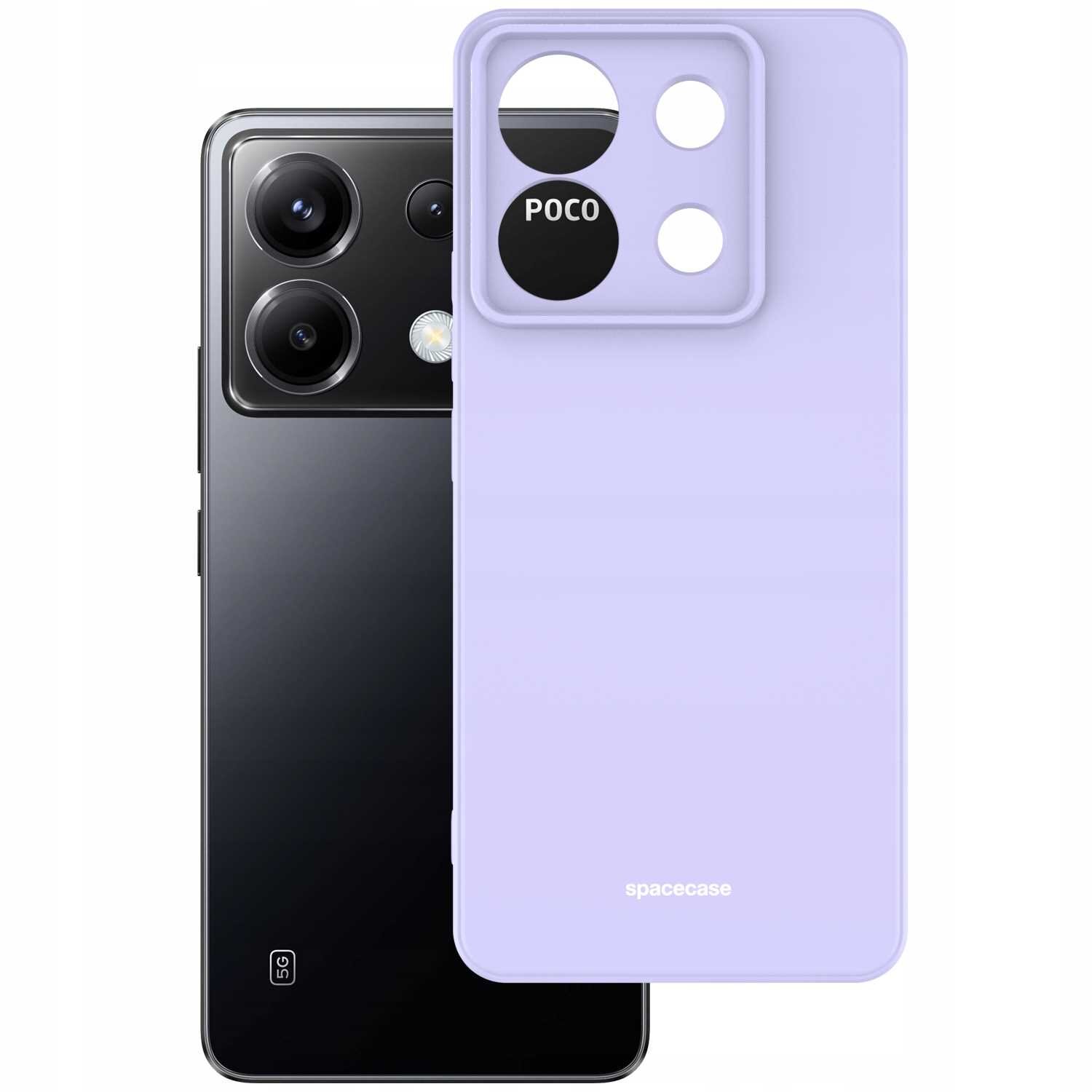 Na obrazie widoczne jest fioletowe silikonowe etui z trzema otworami na aparat oraz napisami \'POCO\' i \'spacecase\'. Obok znajduje się czarny telefon z trzema obiektywami aparatu i lampą błyskową.