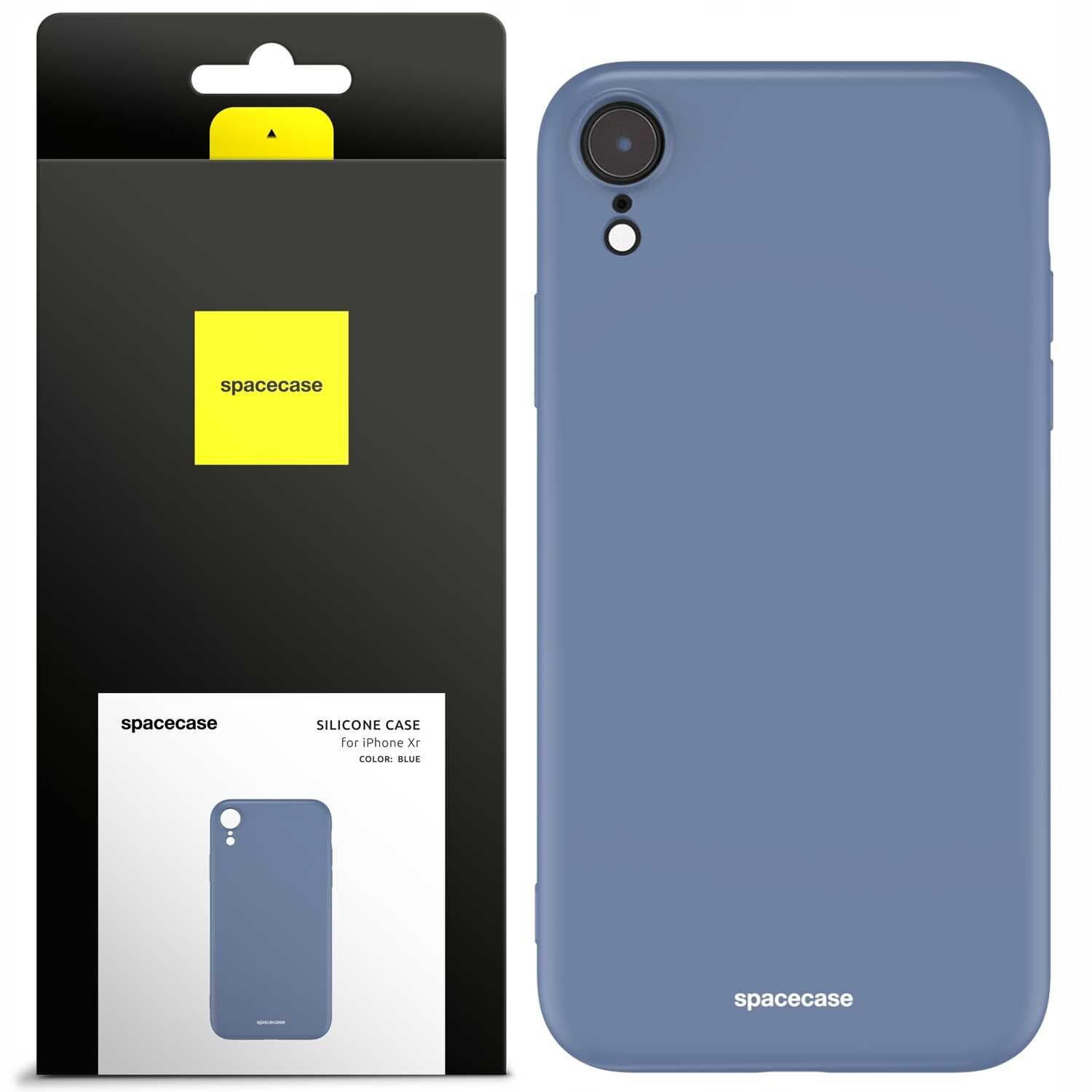 Na obrazie widoczne jest niebieskie silikonowe etui na telefon oraz opakowanie z logo \'spacecase\'. Na opakowaniu znajduje się napis: \'SILICONE CASE for iPhone Xr COLOR: BLUE\'.