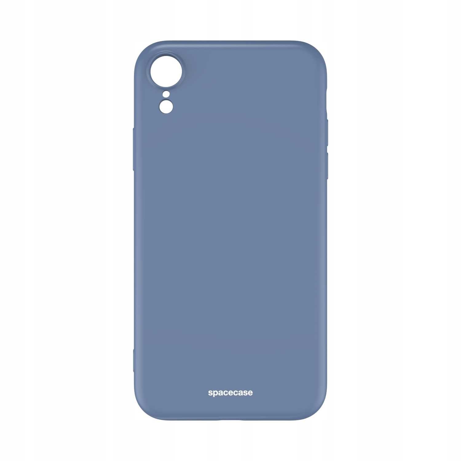 Niebieskie silikonowe etui na telefon z wycięciami na aparat i logo \'spacecase\' na dole.