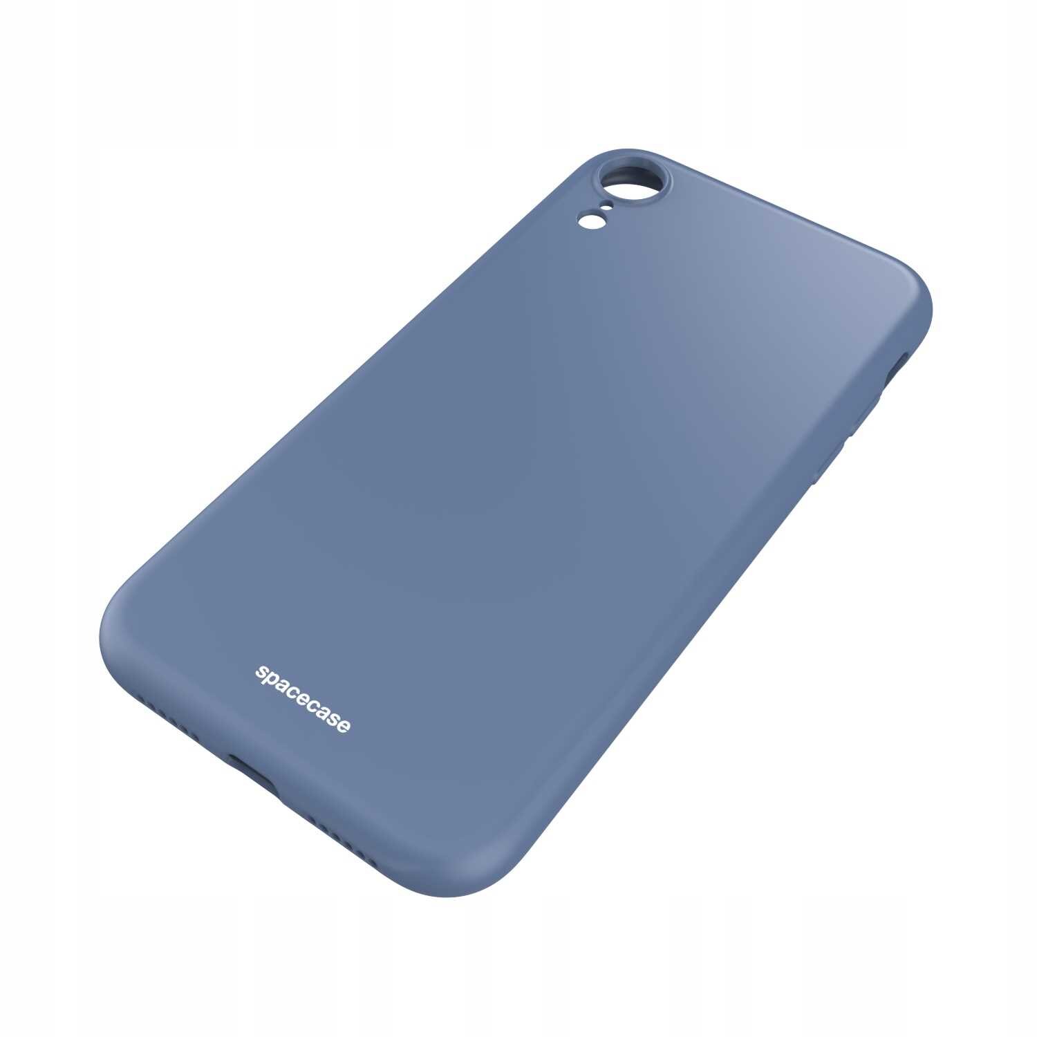 Niebieskie silikonowe etui na telefon z wycięciem na aparat i napisem \'spacecase\' na dole.