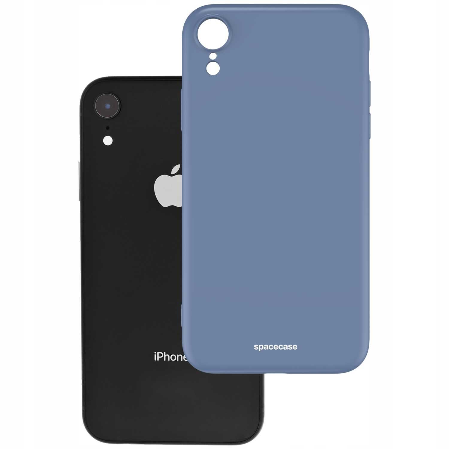 Na obrazie widoczne jest niebieskie silikonowe etui z napisem \'spacecase\', umieszczone na tle czarnego telefonu z logo jabłka. Etui ma wycięcia na aparat i przyciski.