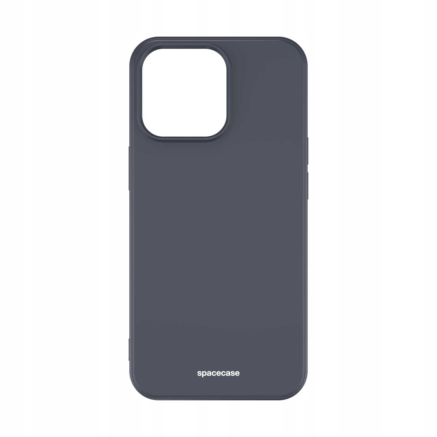 Czarne silikonowe etui z dużym otworem na aparat, na dole widoczny napis \'spacecase\'.
