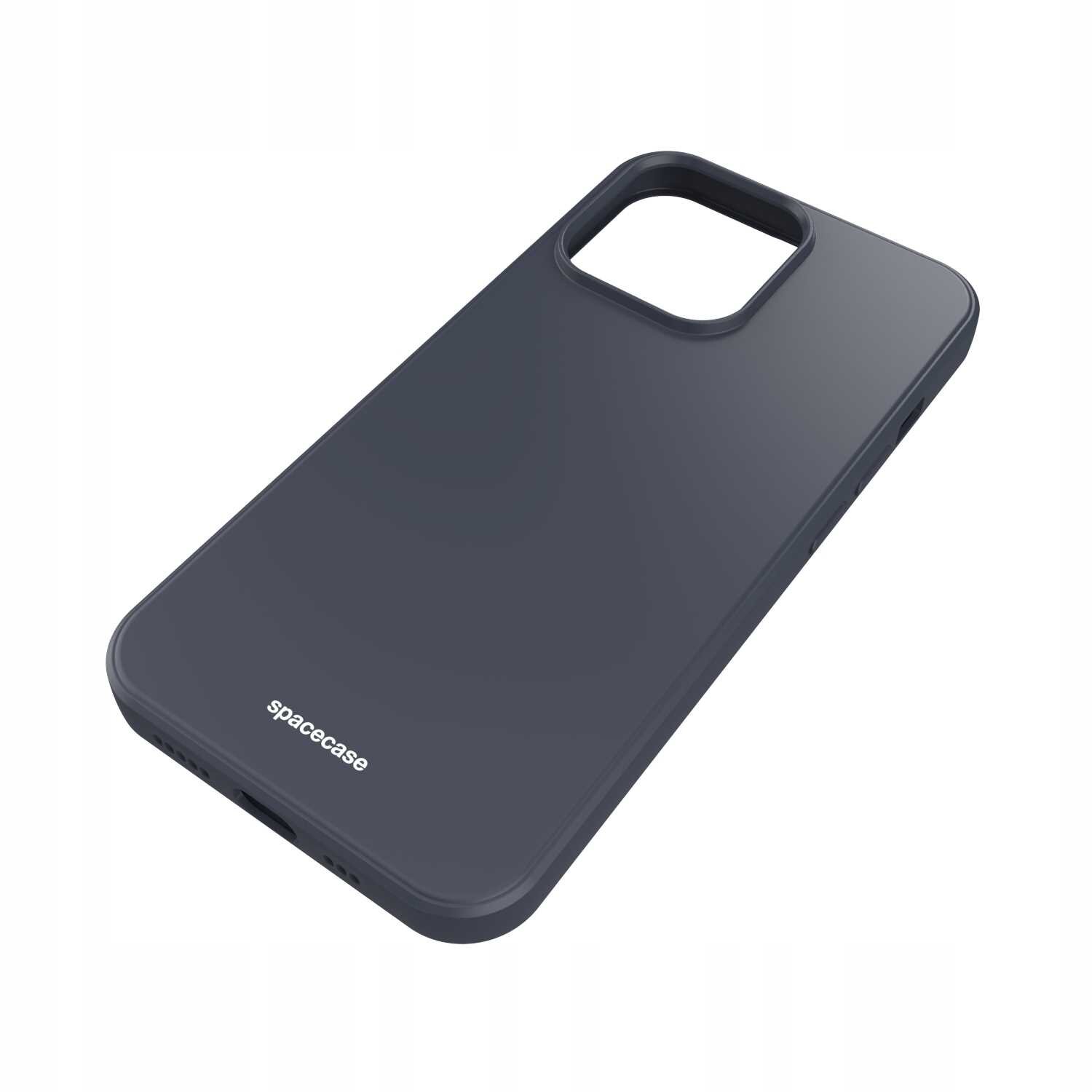 Czarne silikonowe etui na telefon z wycięciem na aparat. Na dole widoczny jest napis \'spacecase\'.
