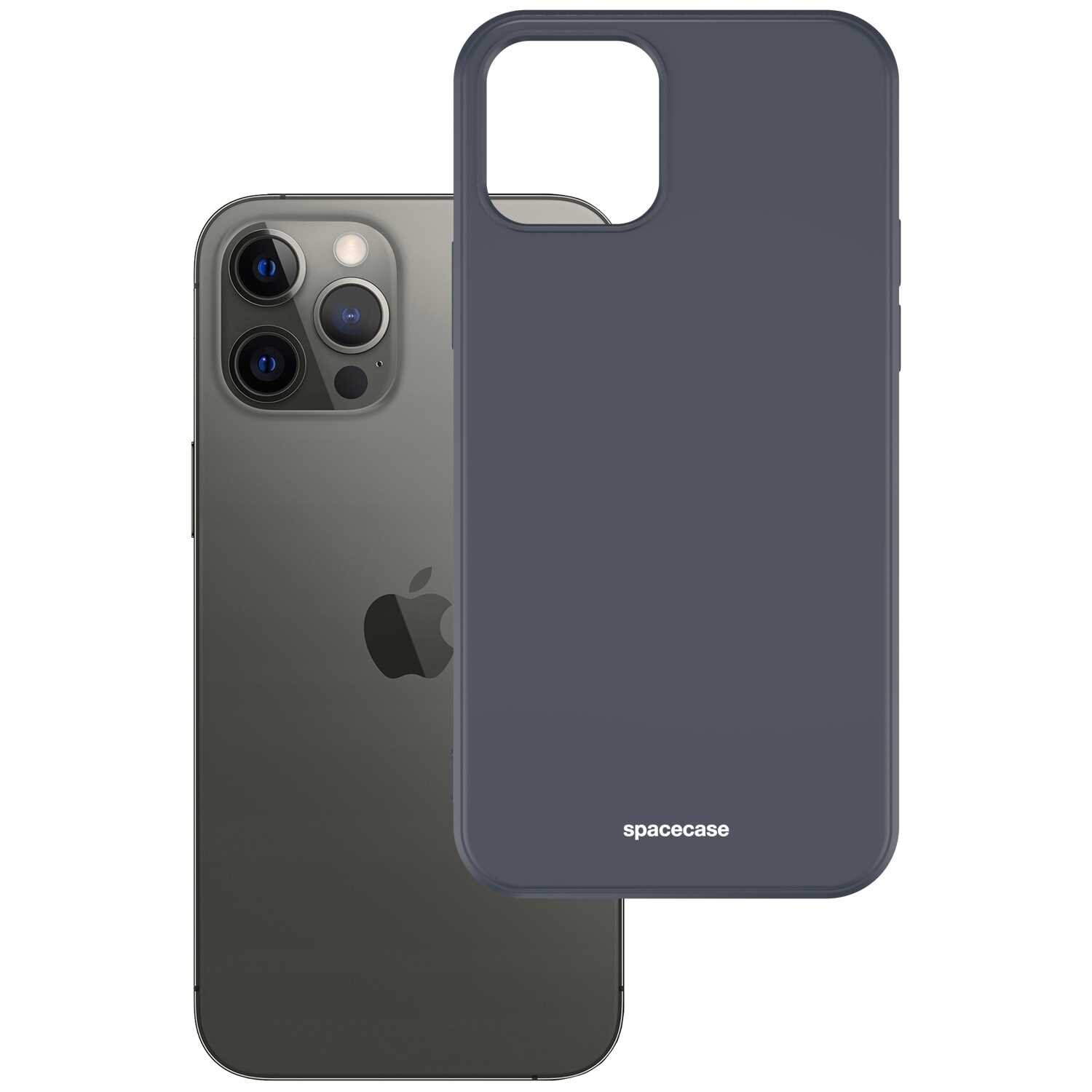 Na obrazie widoczne jest czarne silikonowe etui z napisem \'spacecase\' oraz smartfon z trzema obiektywami aparatu i logo w kształcie jabłka.