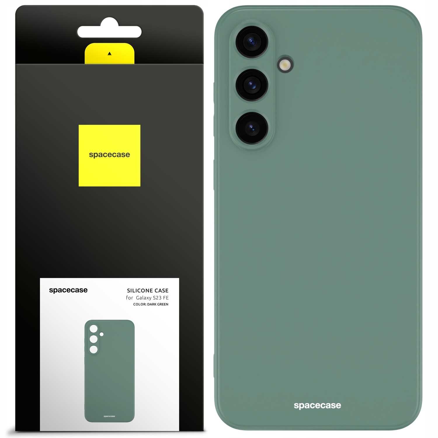 Zielone silikonowe etui SPACECASE do Galaxy S23 FE jest pokazane obok opakowania z logo \'spacecase\'. Na opakowaniu widnieje napis: \'SILICONE CASE for Galaxy S23 FE COLOR: DARK GREEN\'.