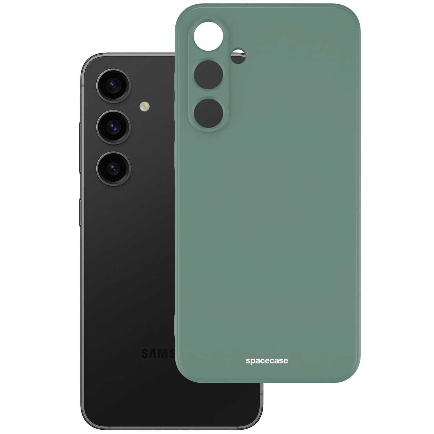 Na obrazie widoczne jest zielone silikonowe etui z trzema otworami na aparaty oraz napisem \'spacecase\'. W tle znajduje się czarny telefon z trzema obiektywami i logo \'Samsung\'.