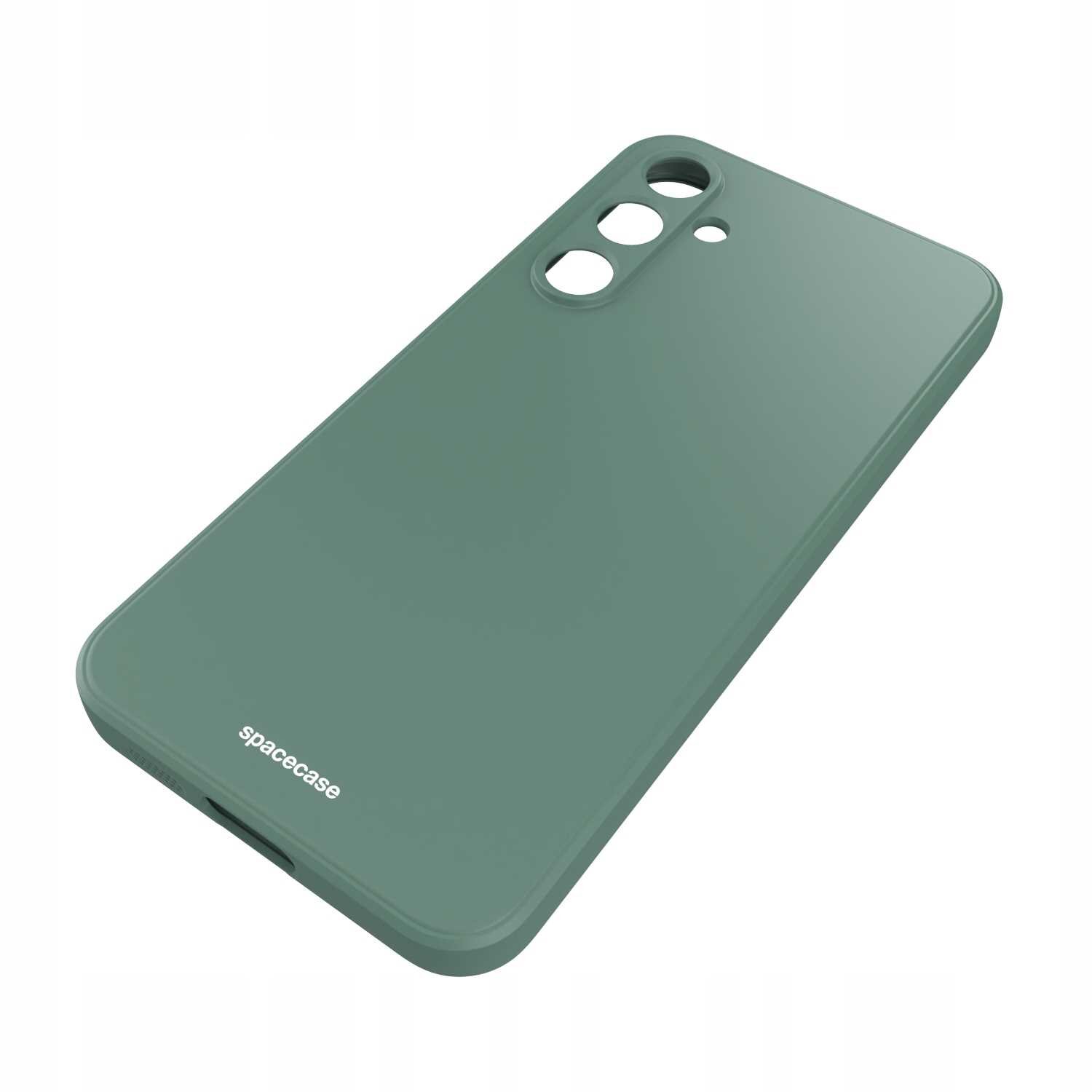 Zielone silikonowe etui z wycięciami na aparat i logo \'spacecase\' na dole.