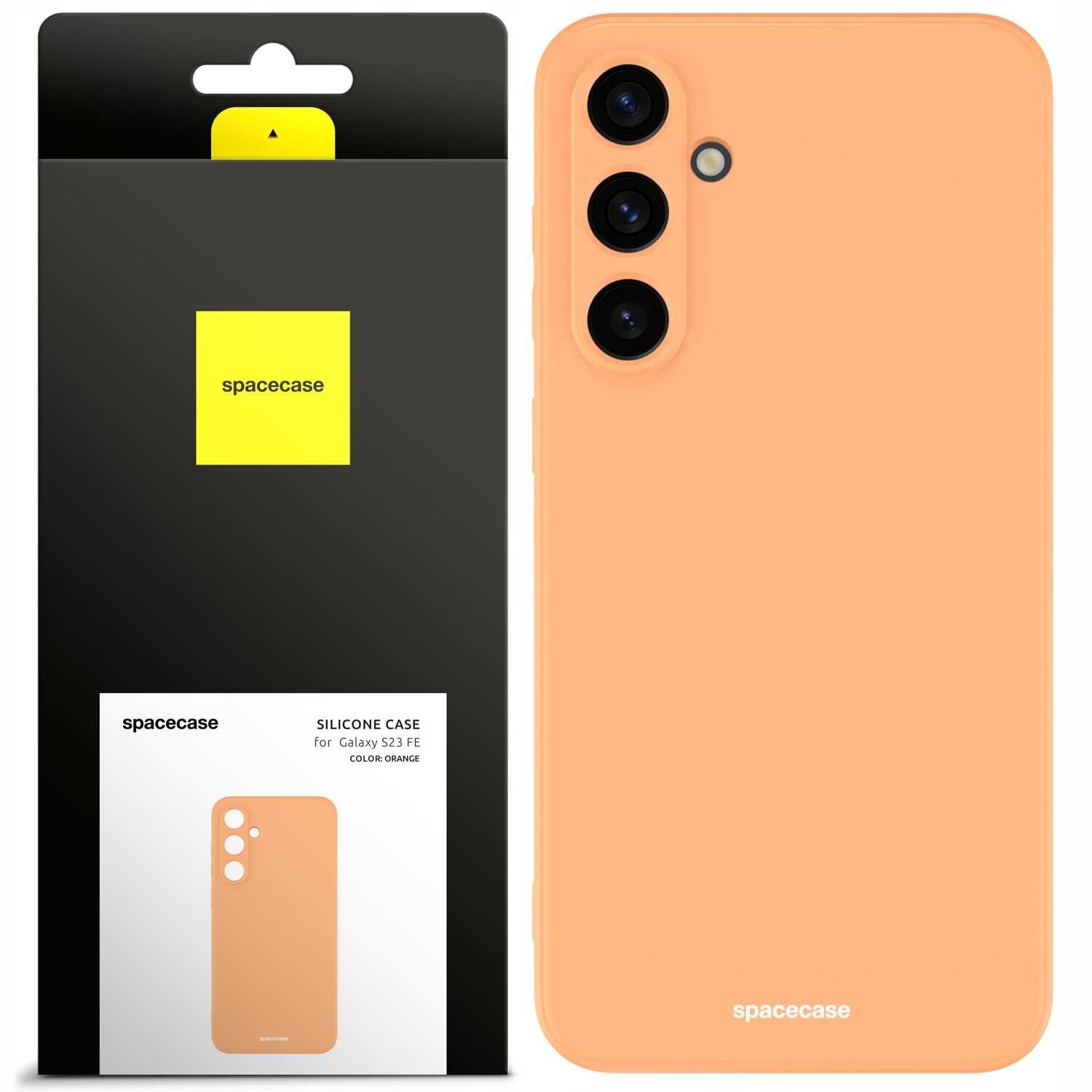 Obraz przedstawia pomarańczowe silikonowe etui na telefon z trzema otworami na aparaty. Opakowanie produktu zawiera logo \'spacecase\' oraz napis \'SILICONE CASE for Galaxy S23 FE COLOR: ORANGE\'.